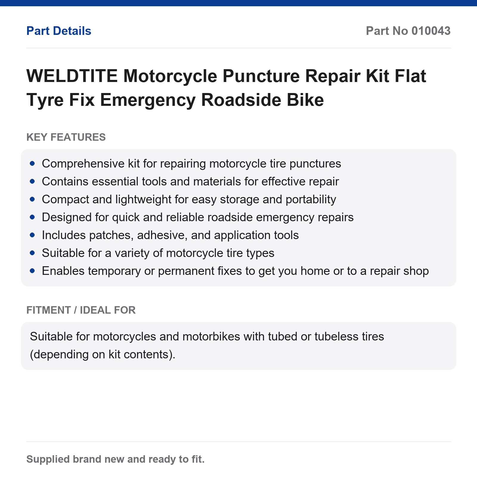 WELDTITE Motorcycle Puncture Repair Kit Flat Tyre Fix Emergency Roadside Compact - Image 2