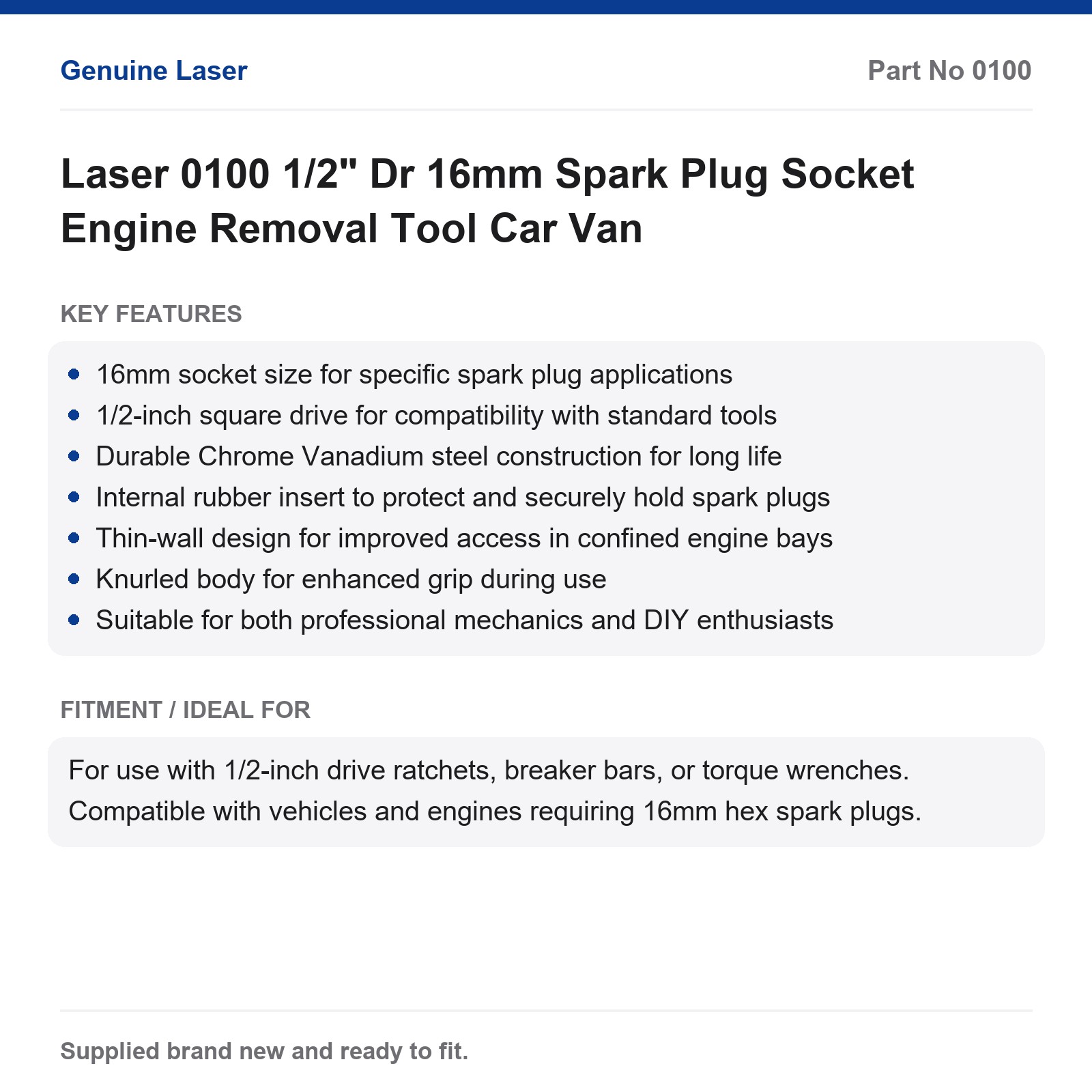 Laser 0100 16mm Spark Plug Socket 1/2" Dr Removal Tool Car Van - Image 5