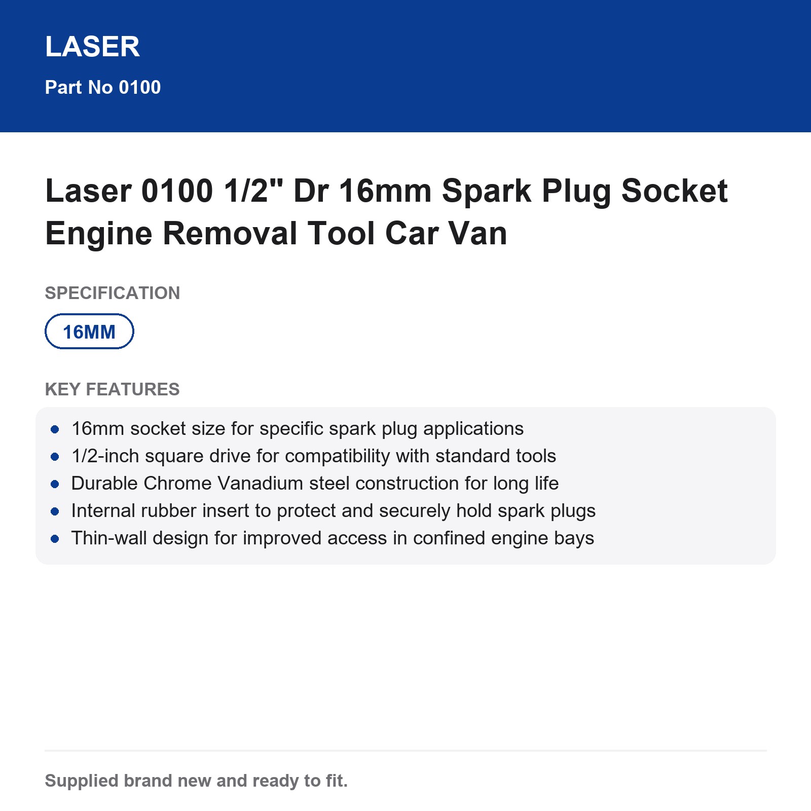 Laser 0100 16mm Spark Plug Socket 1/2" Dr Removal Tool Car Van - Image 6