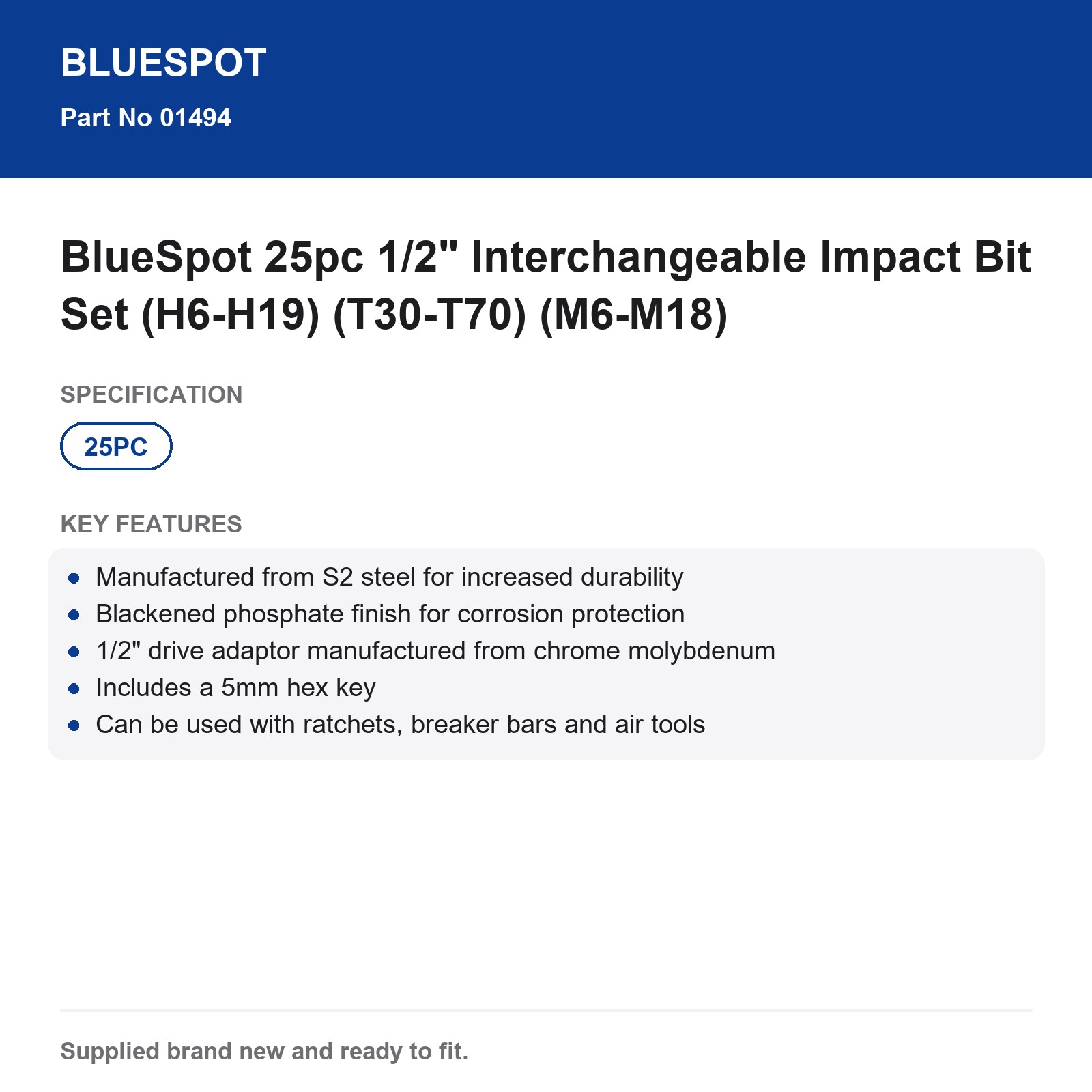 BlueSpot 25pc 1/2" Drive Impact Bit Set S2 Steel Hex Torx Spline - Image 4