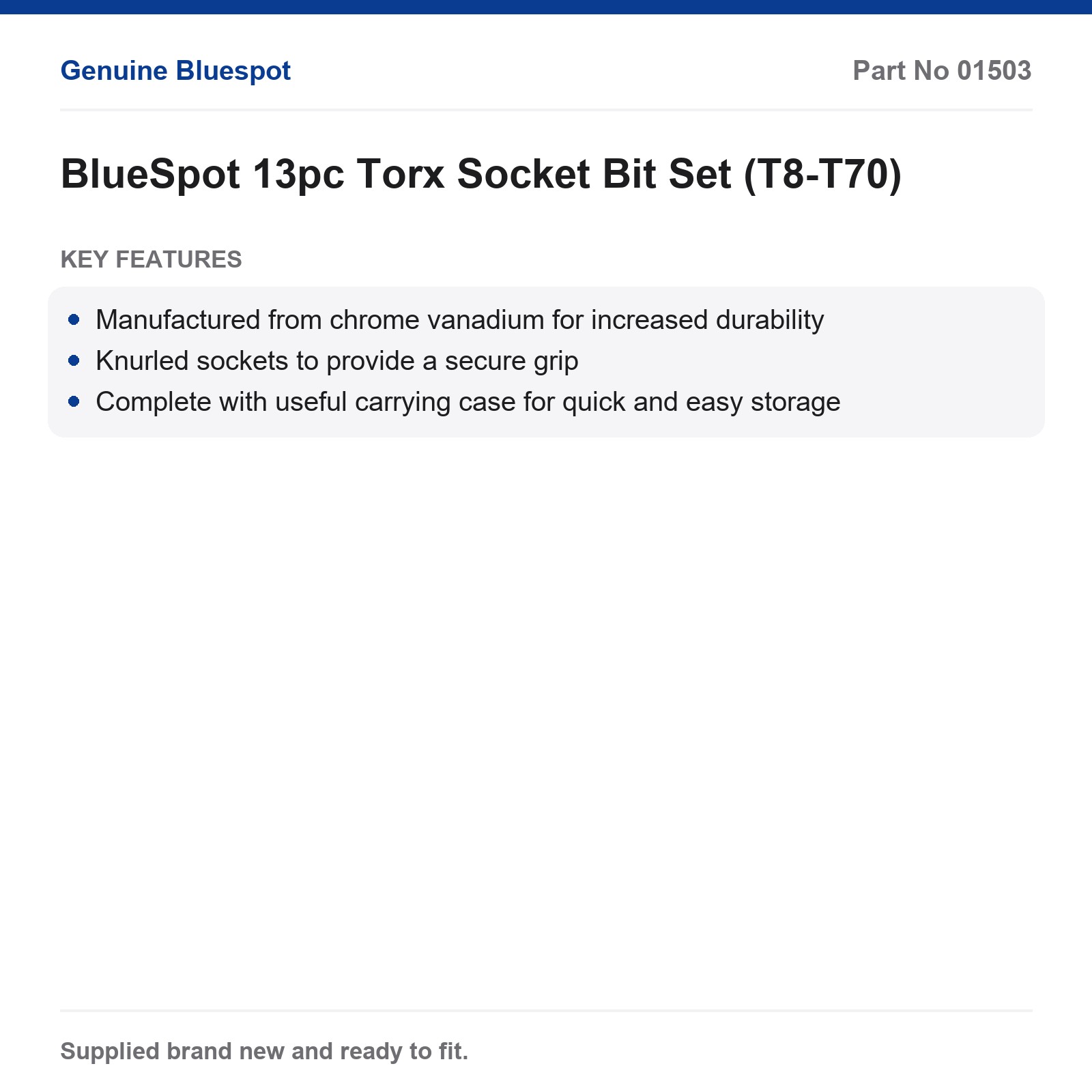 Bluespot 13pc Torx Socket Bit Set T8-T70 1/2" 3/8" 1/4" CrV Knurled Case - Image 3