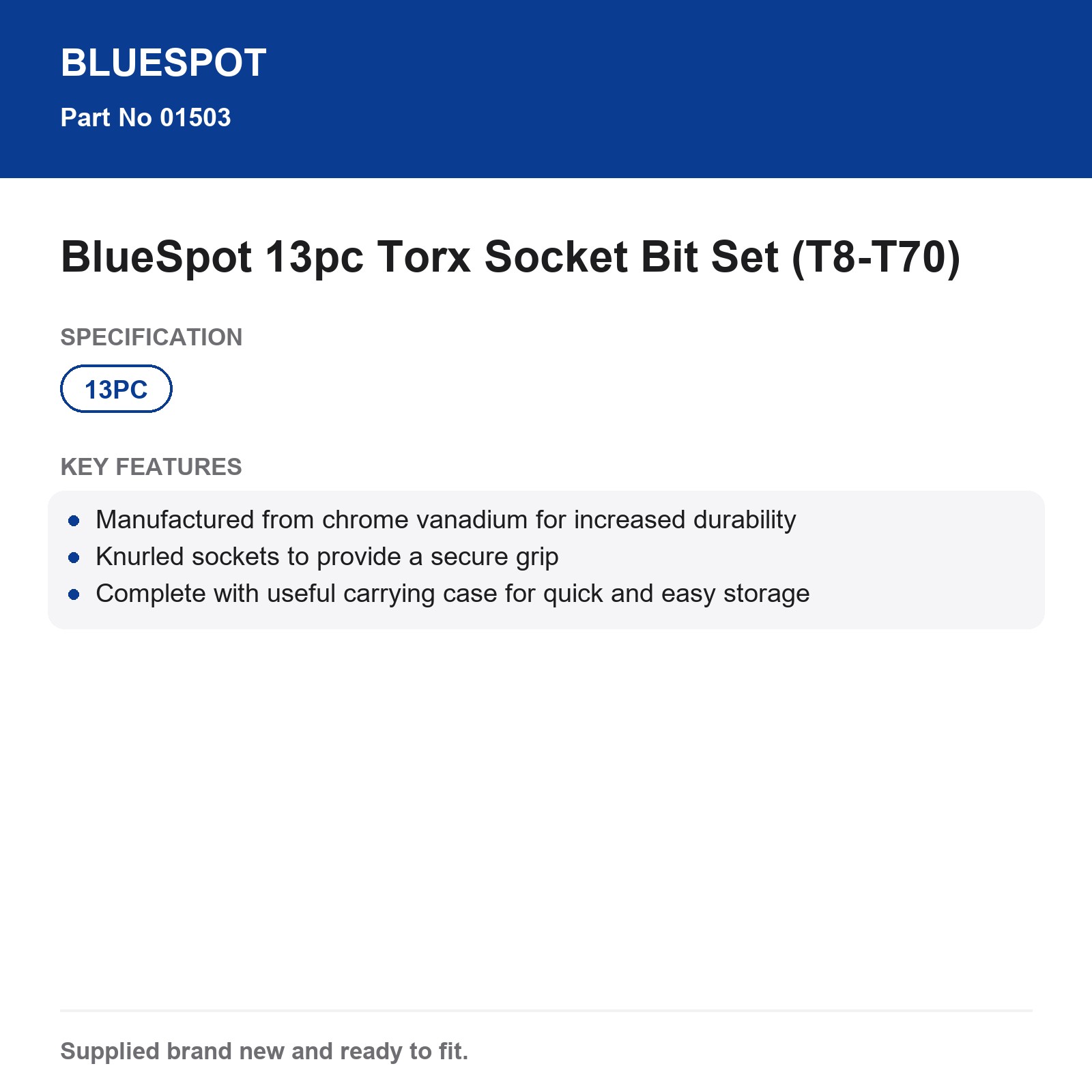 Bluespot 13pc Torx Socket Bit Set T8-T70 1/2" 3/8" 1/4" CrV Knurled Case - Image 4