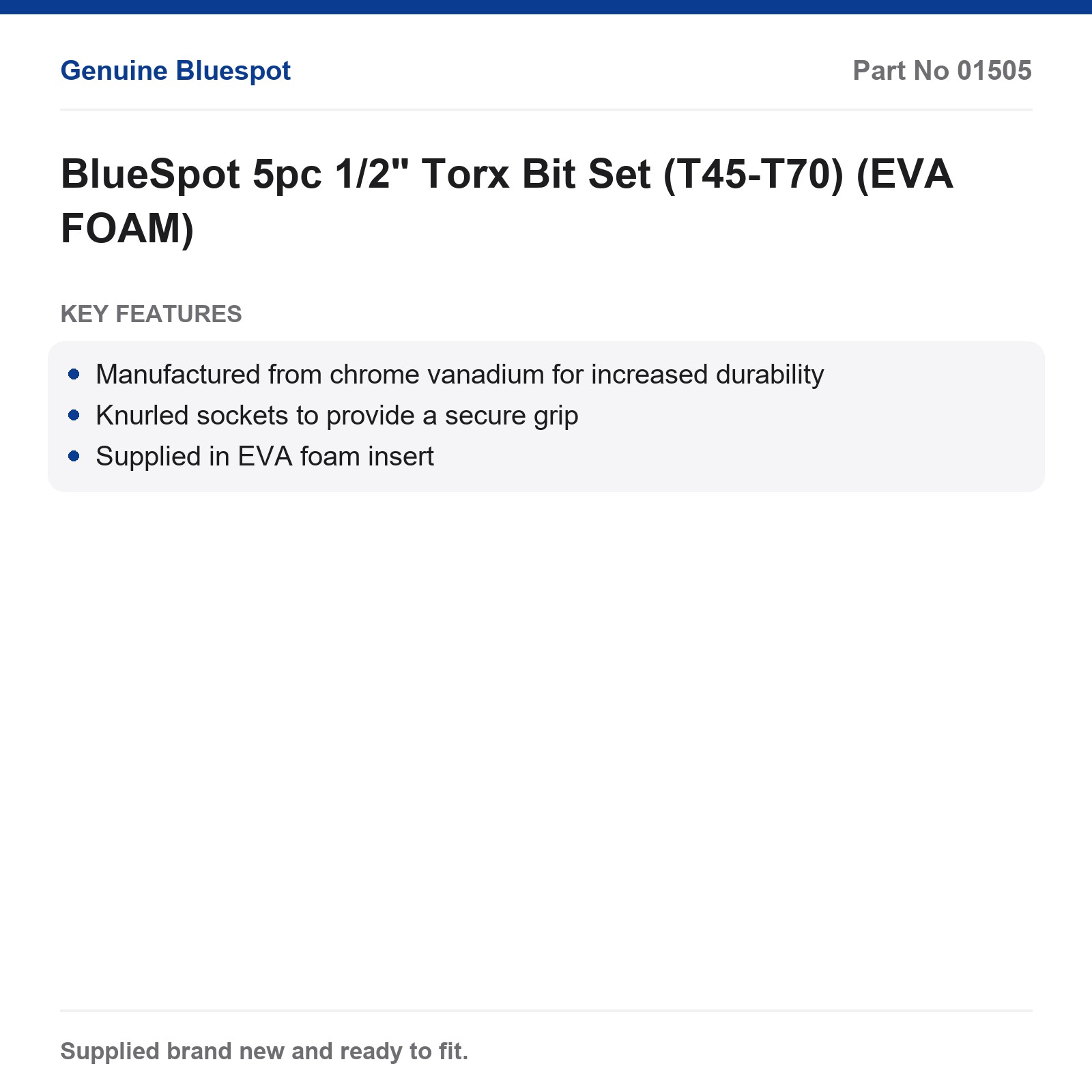 BlueSpot 5pc 1/2" Torx Bit Set (T45-T70) (EVA FOAM) - Image 4