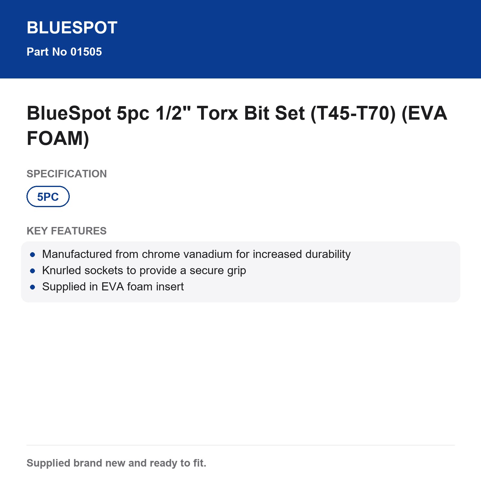 BlueSpot 5pc 1/2" Torx Bit Set (T45-T70) (EVA FOAM) - Image 5