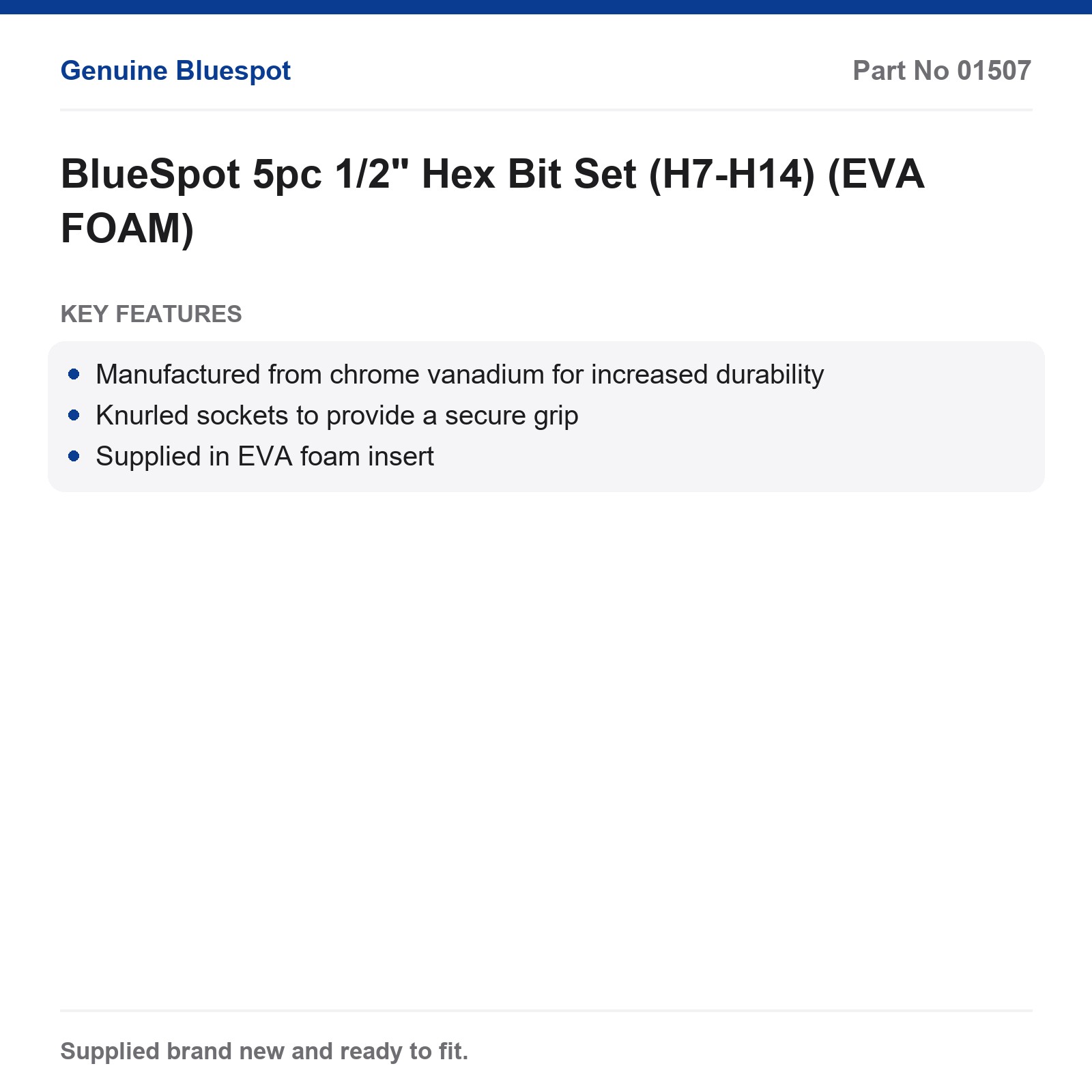 Bluespot 5pc 1/2" Hex Bit Set H7-H14 Chrome Vanadium Knurled Sockets EVA - Image 3
