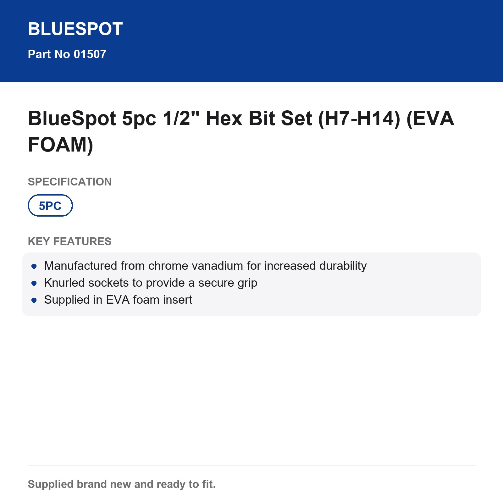 Bluespot 5pc 1/2" Hex Bit Set H7-H14 Chrome Vanadium Knurled Sockets EVA - Image 4