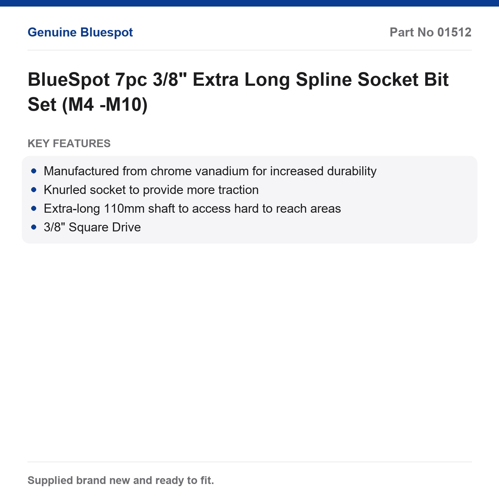 BlueSpot 7pc 3/8" Extra Long Spline Socket Bit Set (M4 -M10) - Image 4