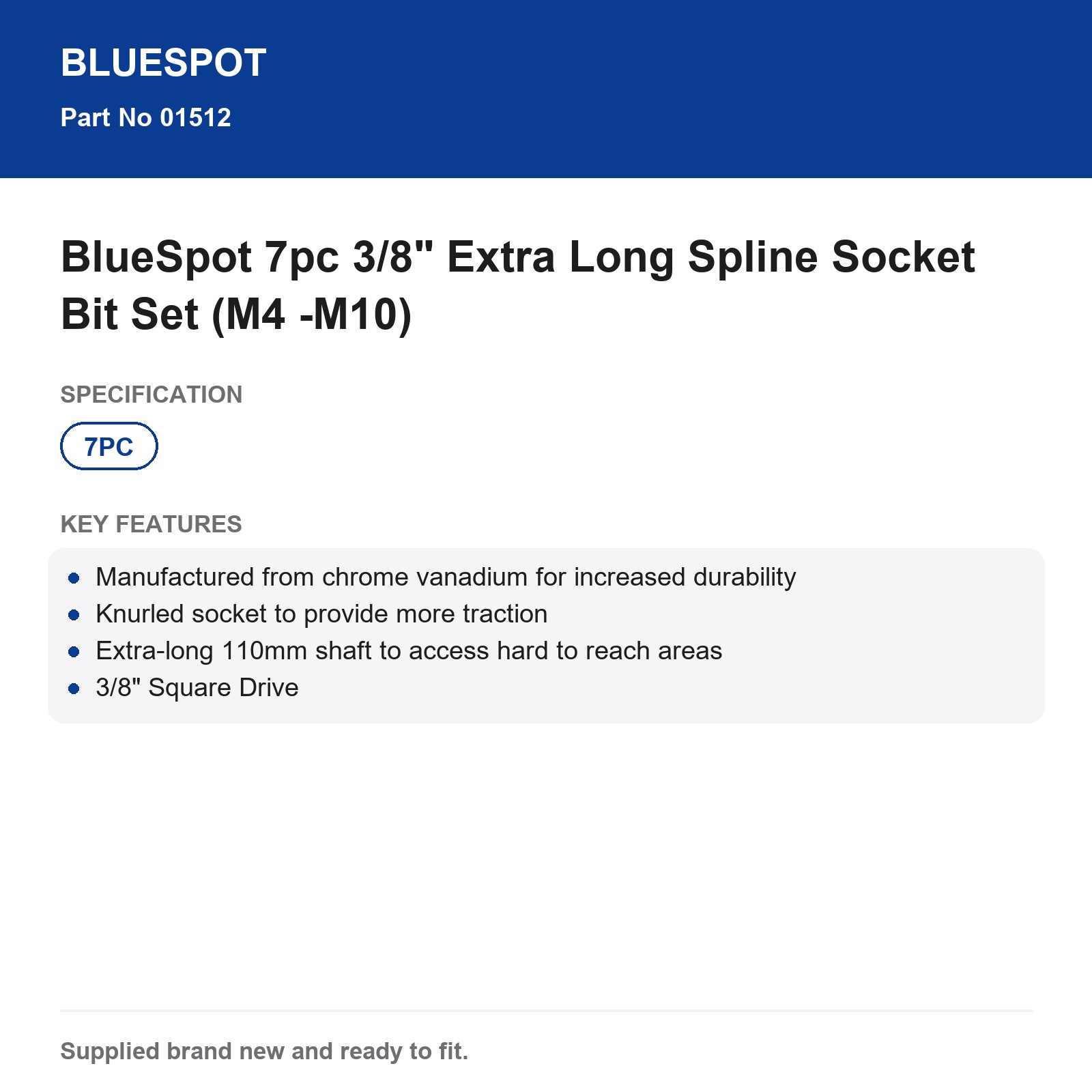 BlueSpot 7pc 3/8" Extra Long Spline Socket Bit Set (M4 -M10) - Image 5