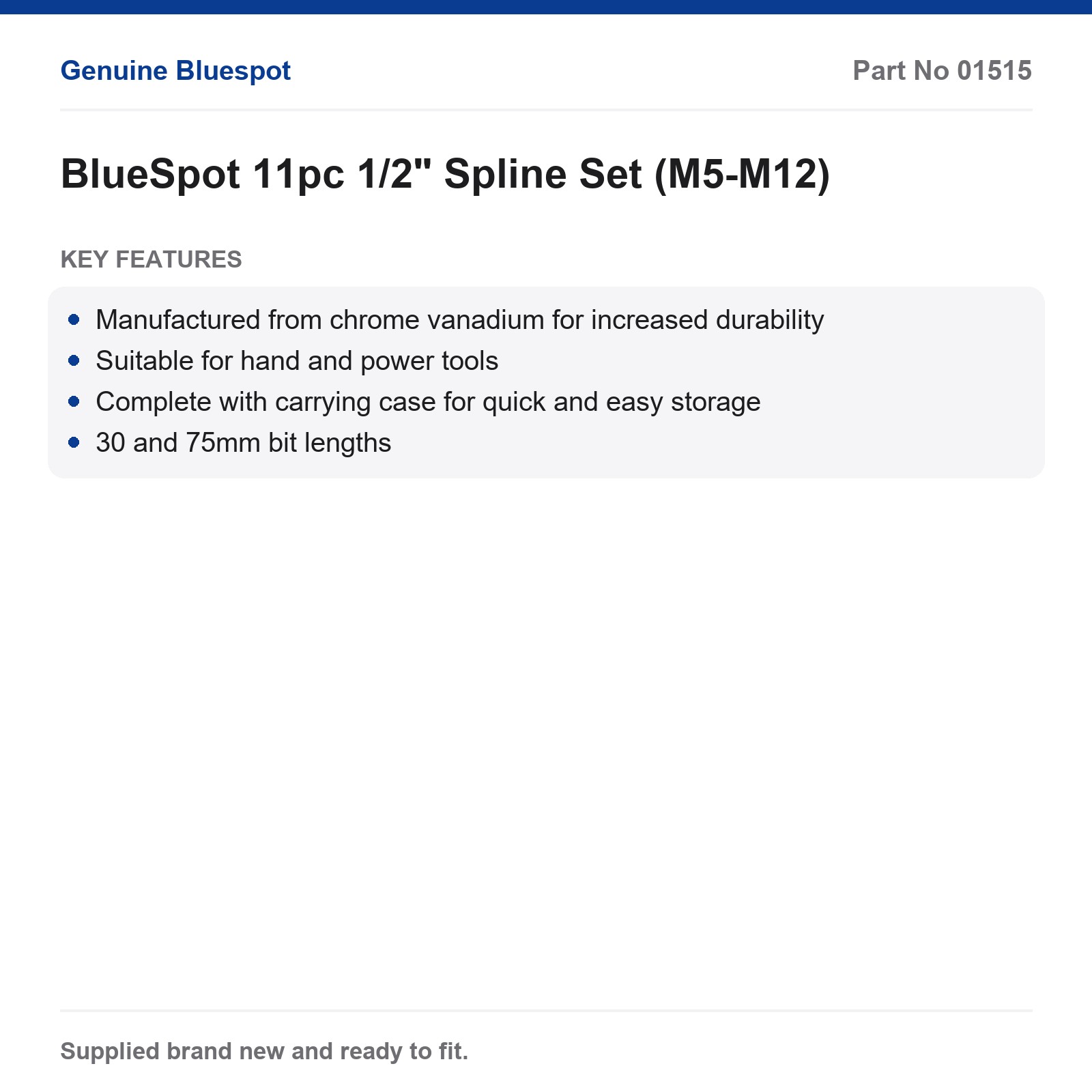 Spline Bit Set 1/2" Bluespot 11pc M5-M12 CrV 30/75mm Hand/Power Case - Image 3