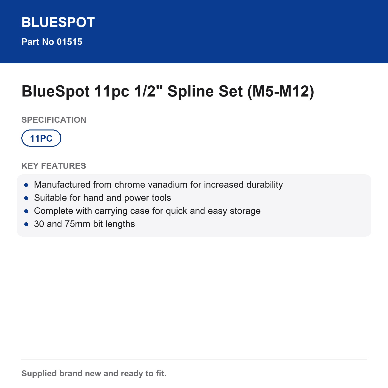 Spline Bit Set 1/2" Bluespot 11pc M5-M12 CrV 30/75mm Hand/Power Case - Image 4