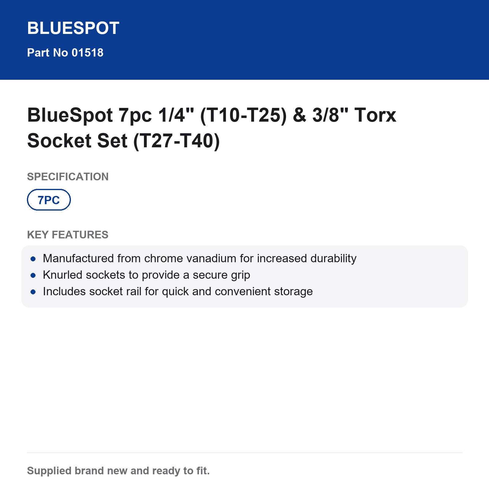BlueSpot 7pc Torx Socket Set 1/4" (T10-T25) & 3/8" (T27-T40) - Image 3