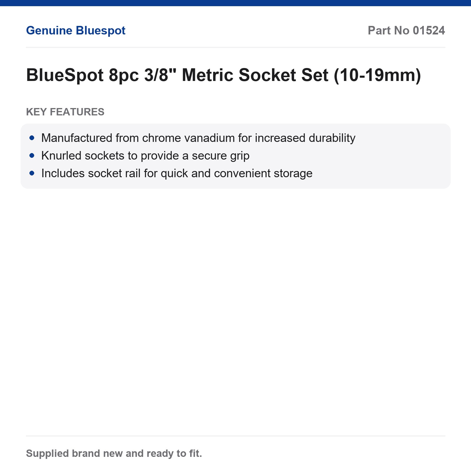 BlueSpot 8pc 3/8" Metric Socket Set 10-19mm Chrome Vanadium Knurled Sockets Rail - Image 3