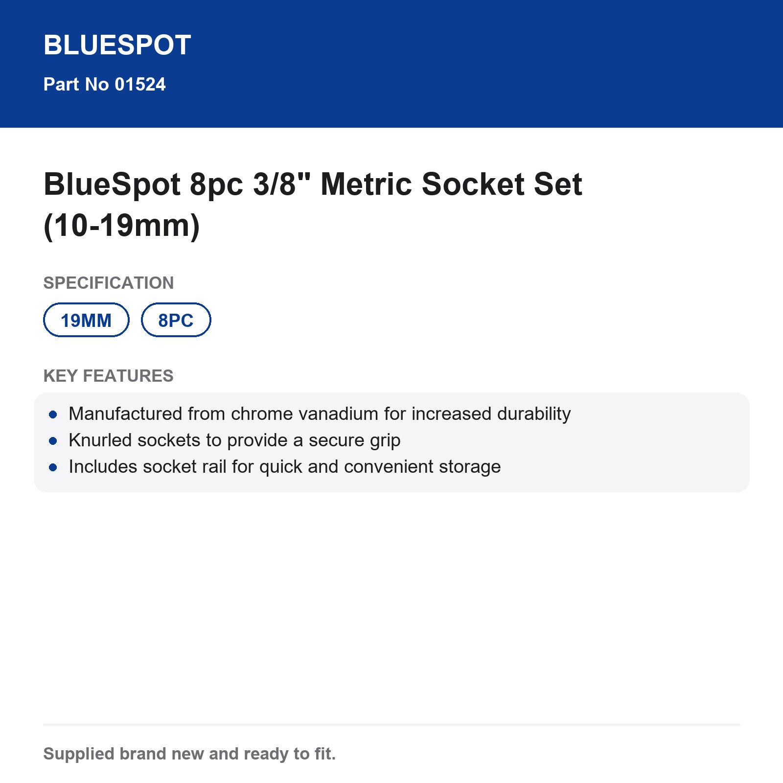 BlueSpot 8pc 3/8" Metric Socket Set 10-19mm Chrome Vanadium Knurled Sockets Rail - Image 4