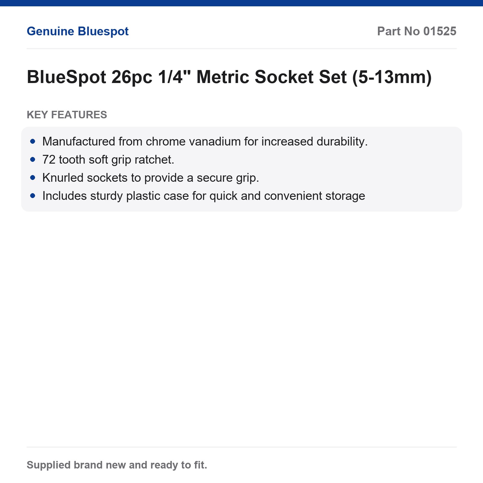 BlueSpot 26pc 1/4" Metric Socket Set 5-13mm Chrome Vanadium 72T Ratchet Case - Image 2