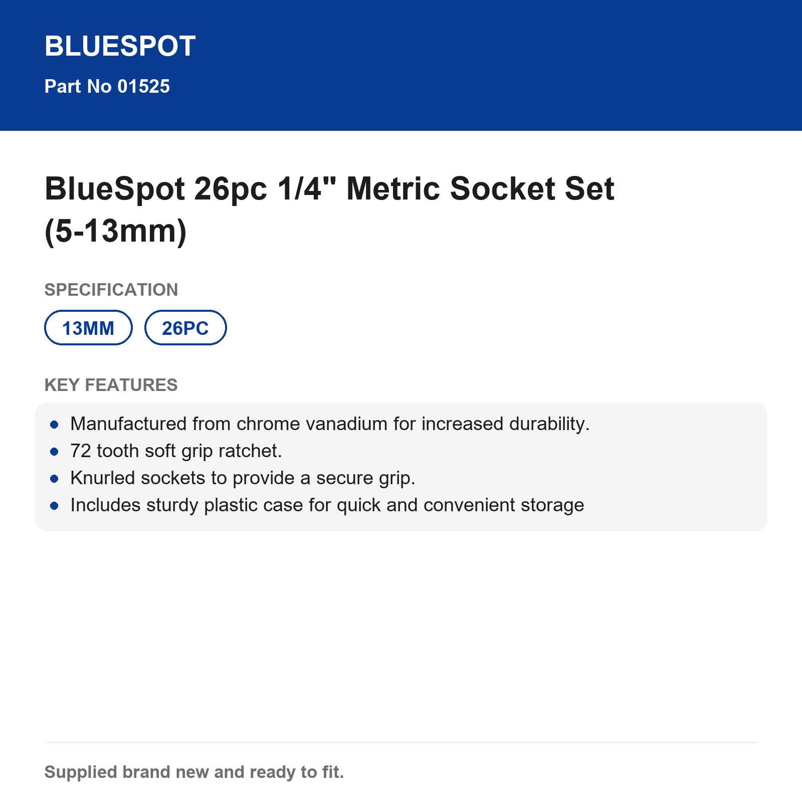 BlueSpot 26pc 1/4" Metric Socket Set 5-13mm Chrome Vanadium 72T Ratchet Case - Image 3