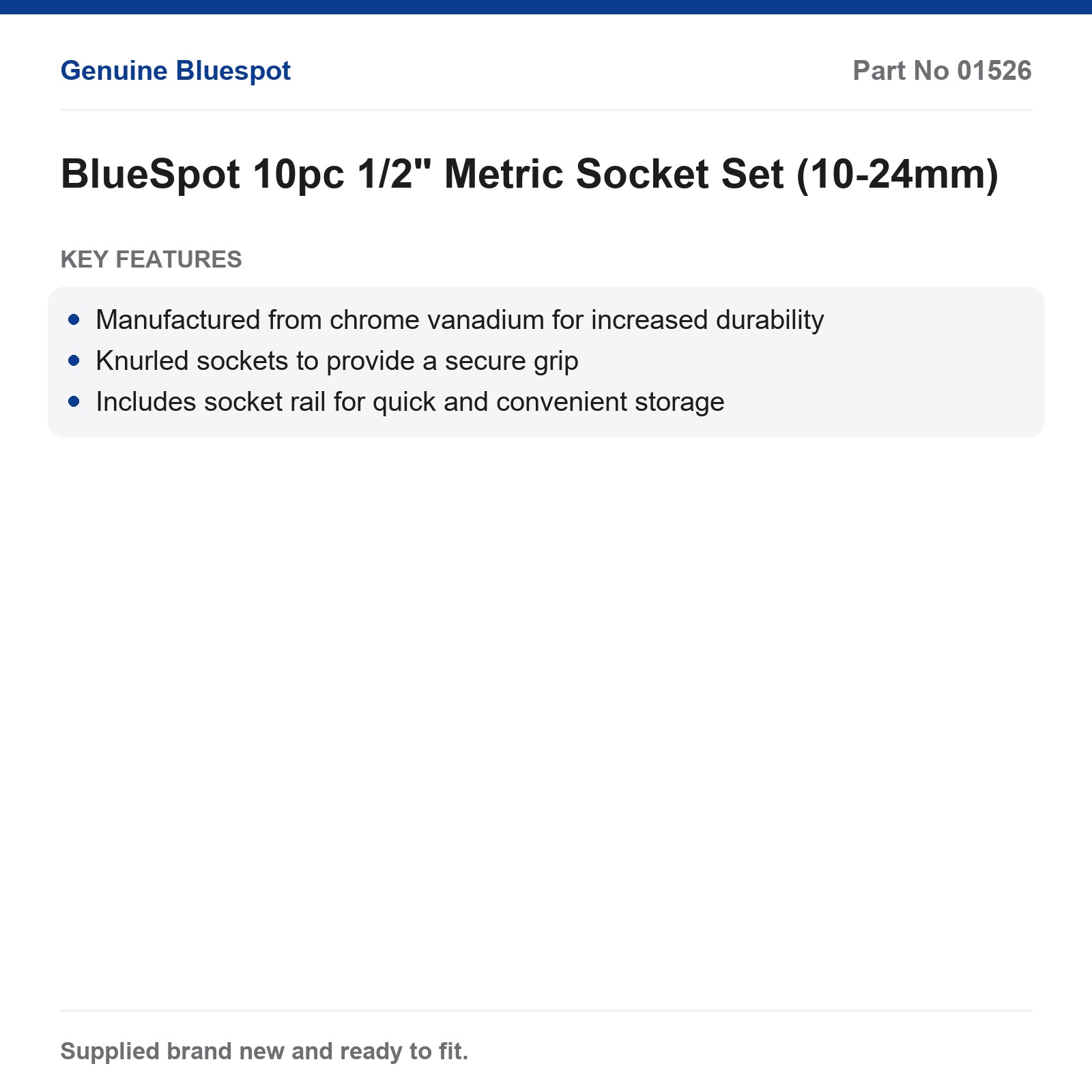BlueSpot 1/2" Metric Socket Set 10pc Chrome Vanadium Knurled 10-24mm Rail - Image 4