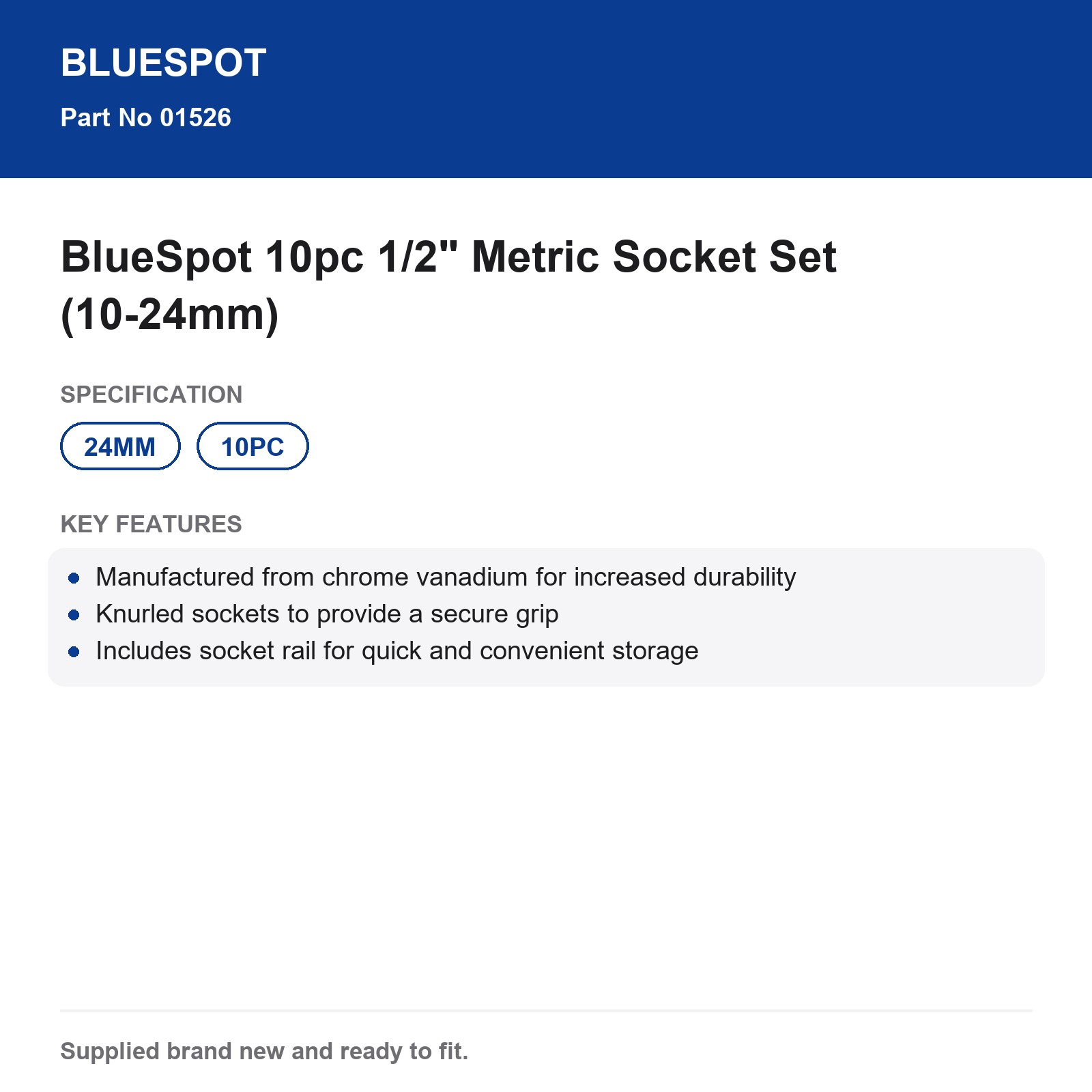 BlueSpot 1/2" Metric Socket Set 10pc Chrome Vanadium Knurled 10-24mm Rail - Image 5