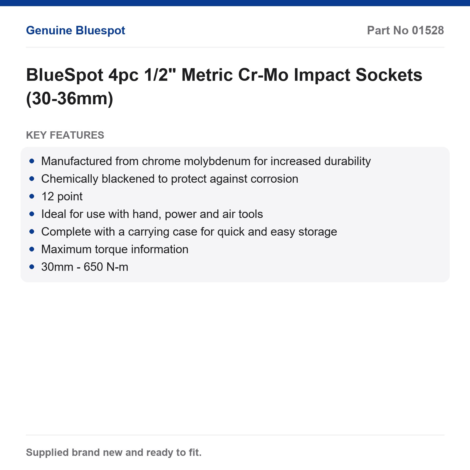 BlueSpot 4pc 1/2" Metric Cr-Mo Impact Sockets (30-36mm) - Image 3