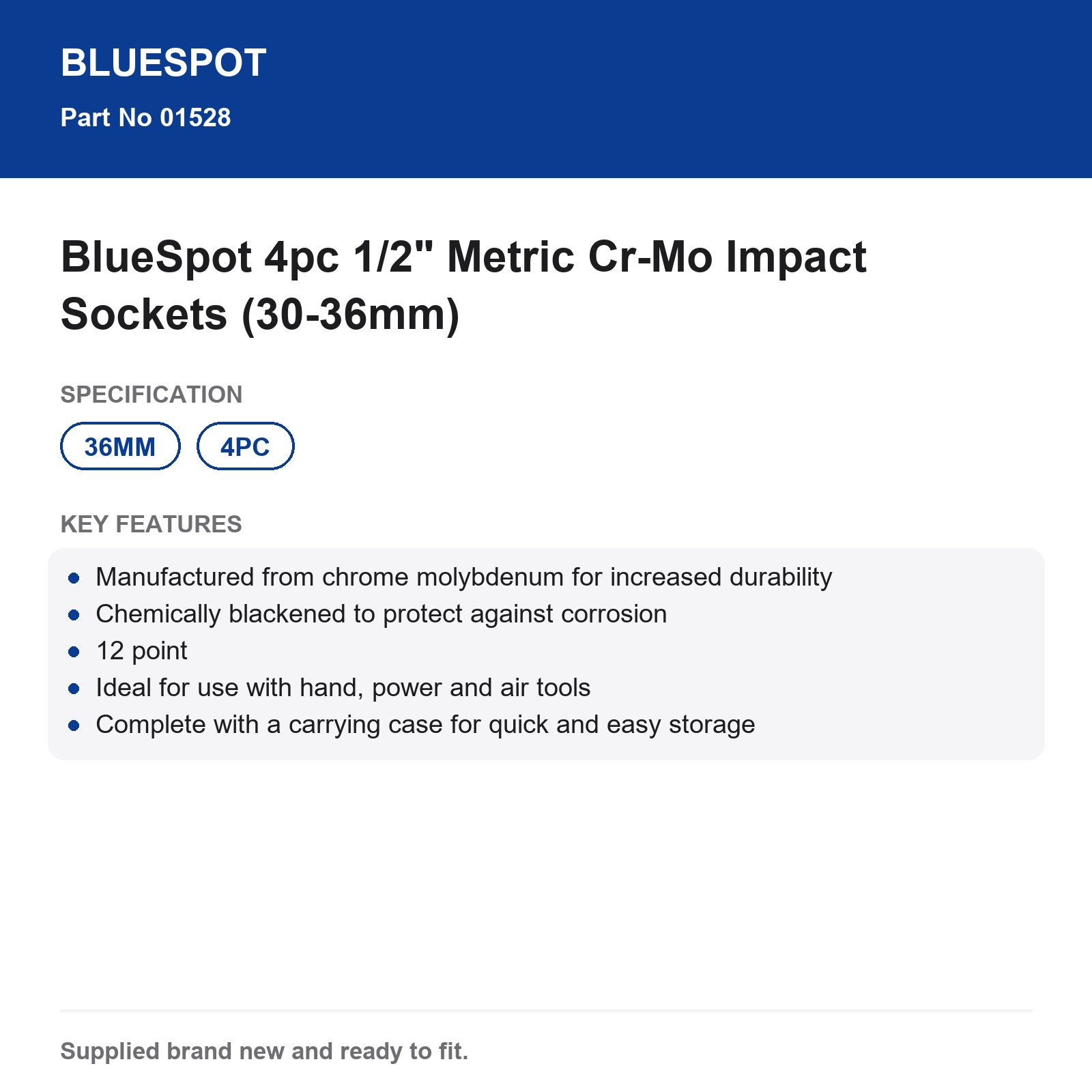 BlueSpot 4pc 1/2" Metric Cr-Mo Impact Sockets (30-36mm) - Image 4
