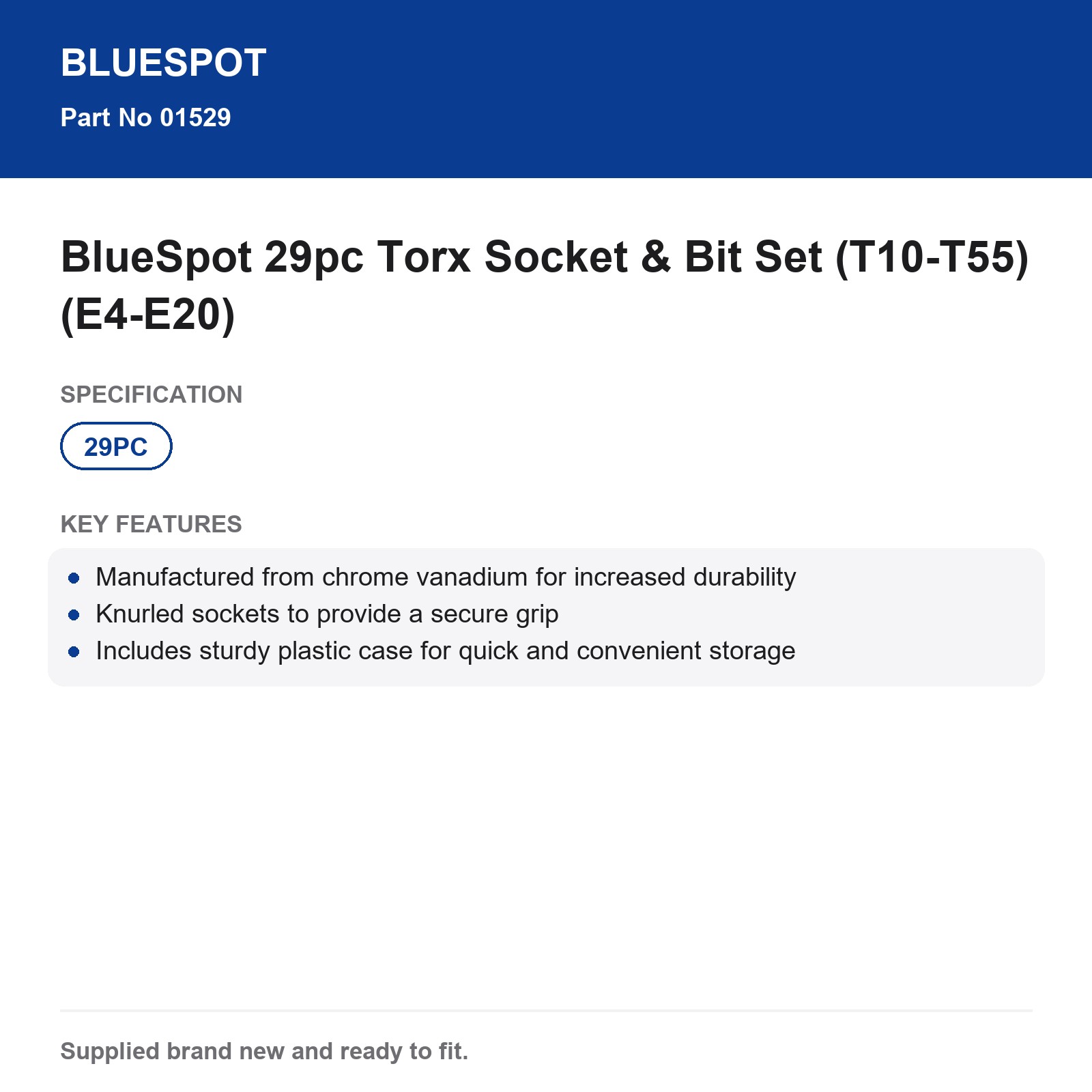 BlueSpot 29pc Torx Socket & Bit Set (T10-T55) (E4-E20) - Image 4