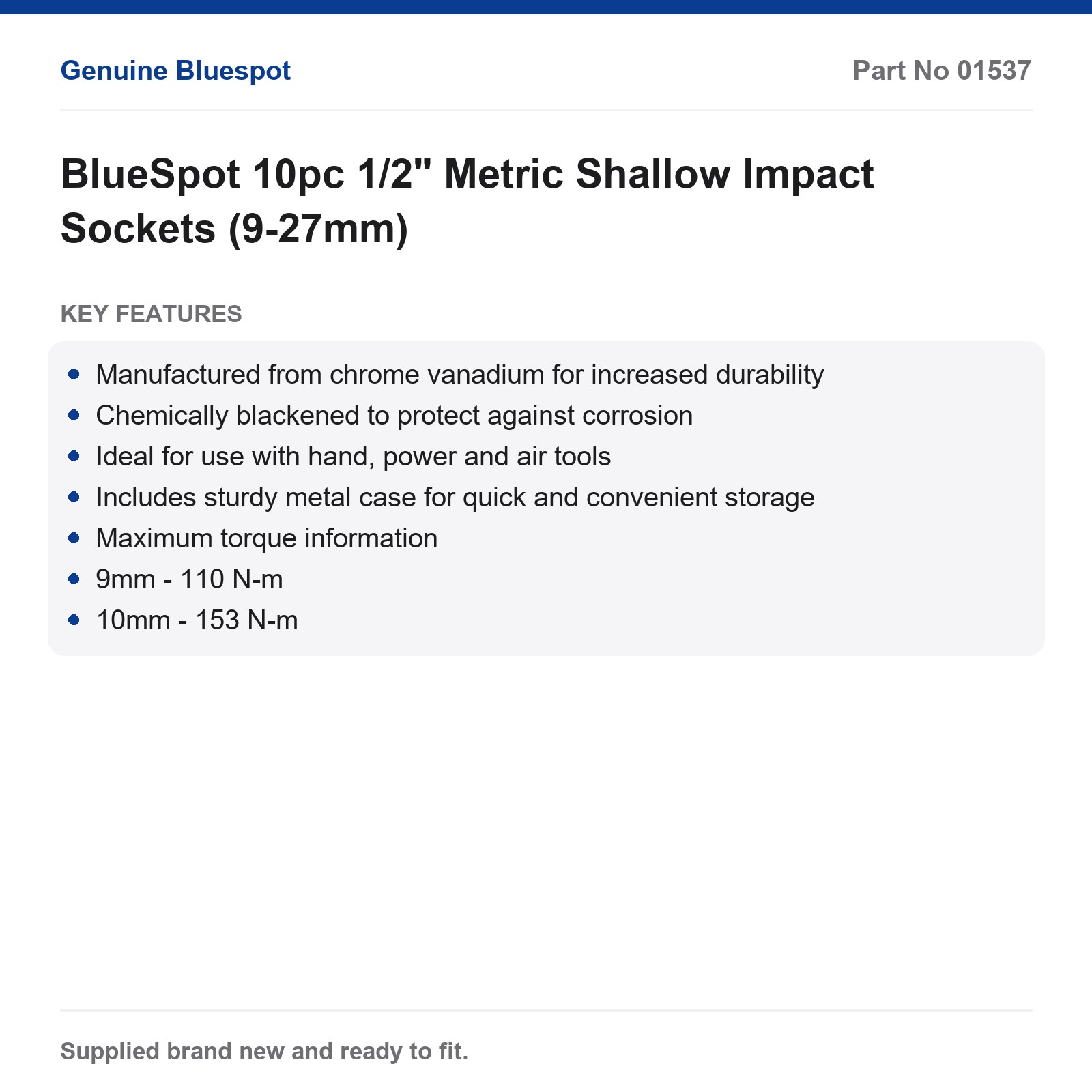 BlueSpot 10pc 1/2" Metric Shallow Impact Sockets (9-27mm) - Image 3