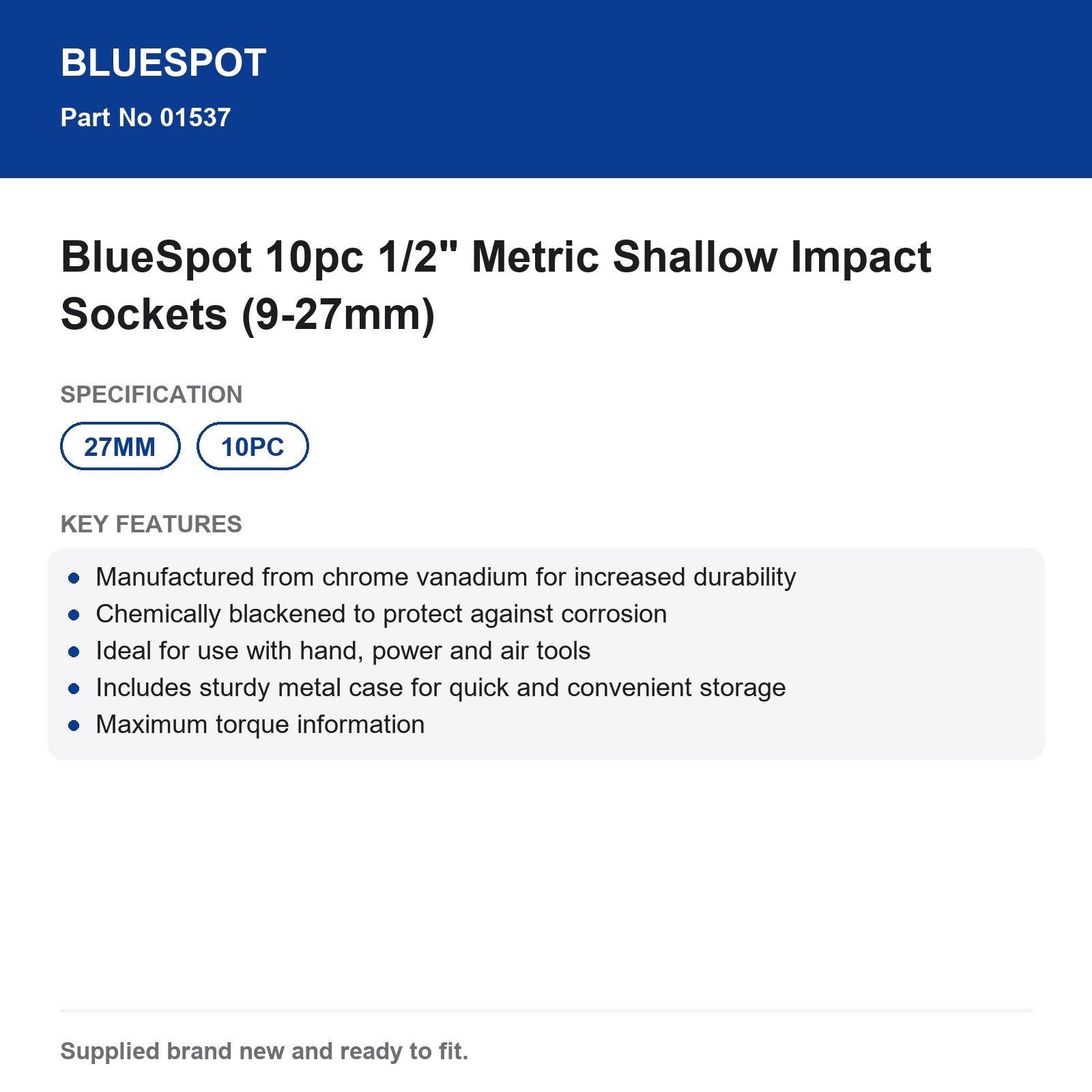 BlueSpot 10pc 1/2" Metric Shallow Impact Sockets (9-27mm) - Image 4