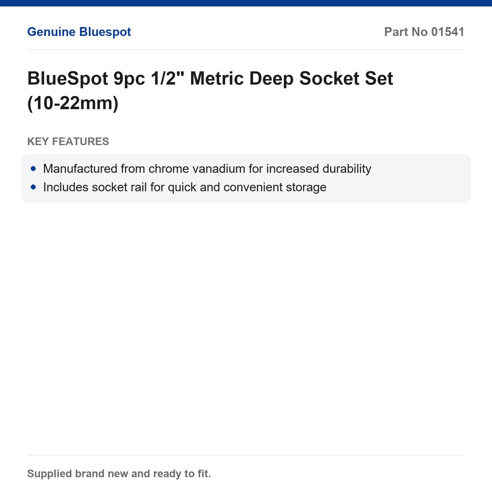 BlueSpot 9pc 1/2" Metric Deep Socket Set (10-22mm) - Image 3