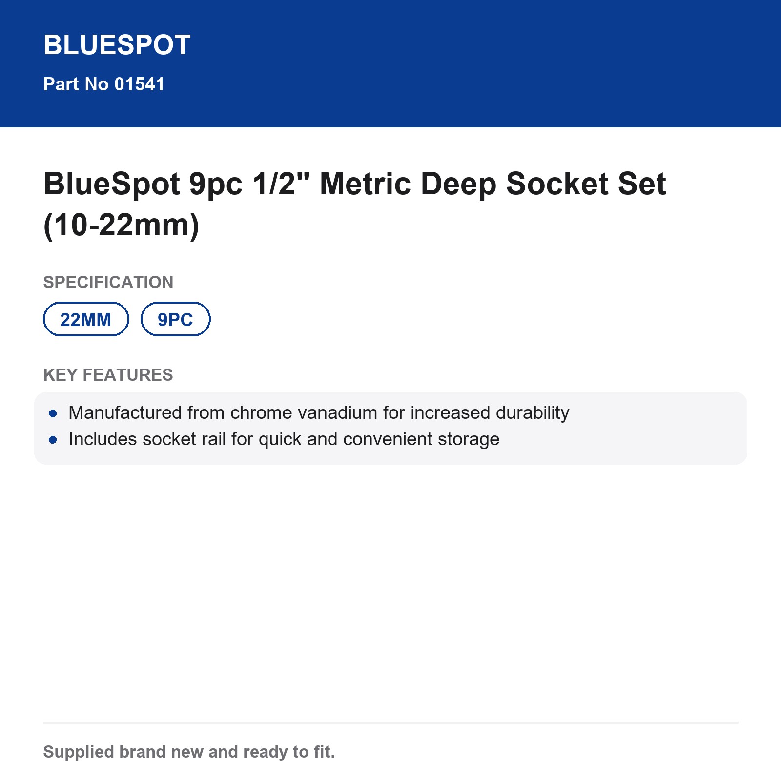 BlueSpot 9pc 1/2" Metric Deep Socket Set (10-22mm) - Image 4