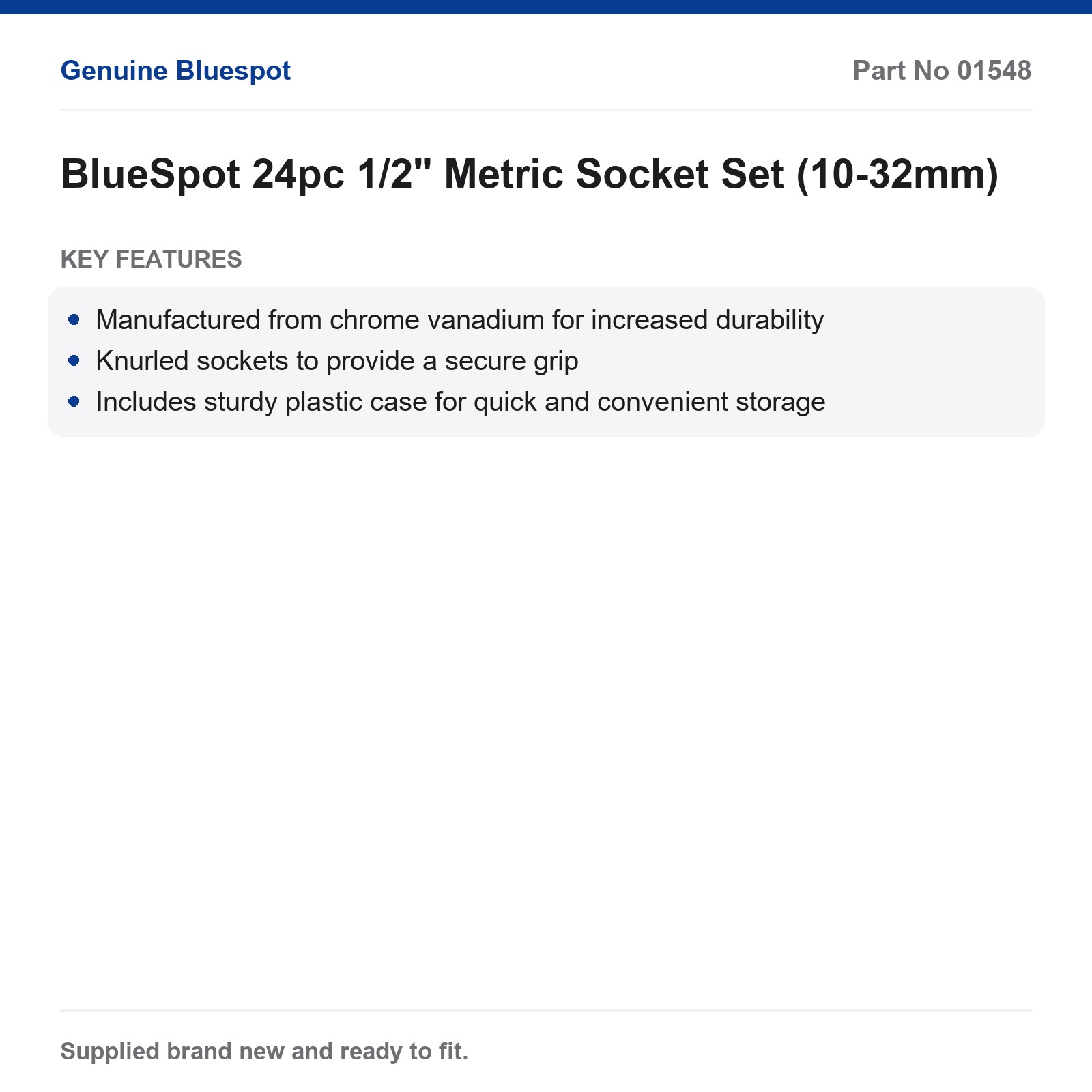 BlueSpot 24pc 1/2" Metric CrV Socket Set 10-32mm Knurled Plastic Case U-Joint - Image 3