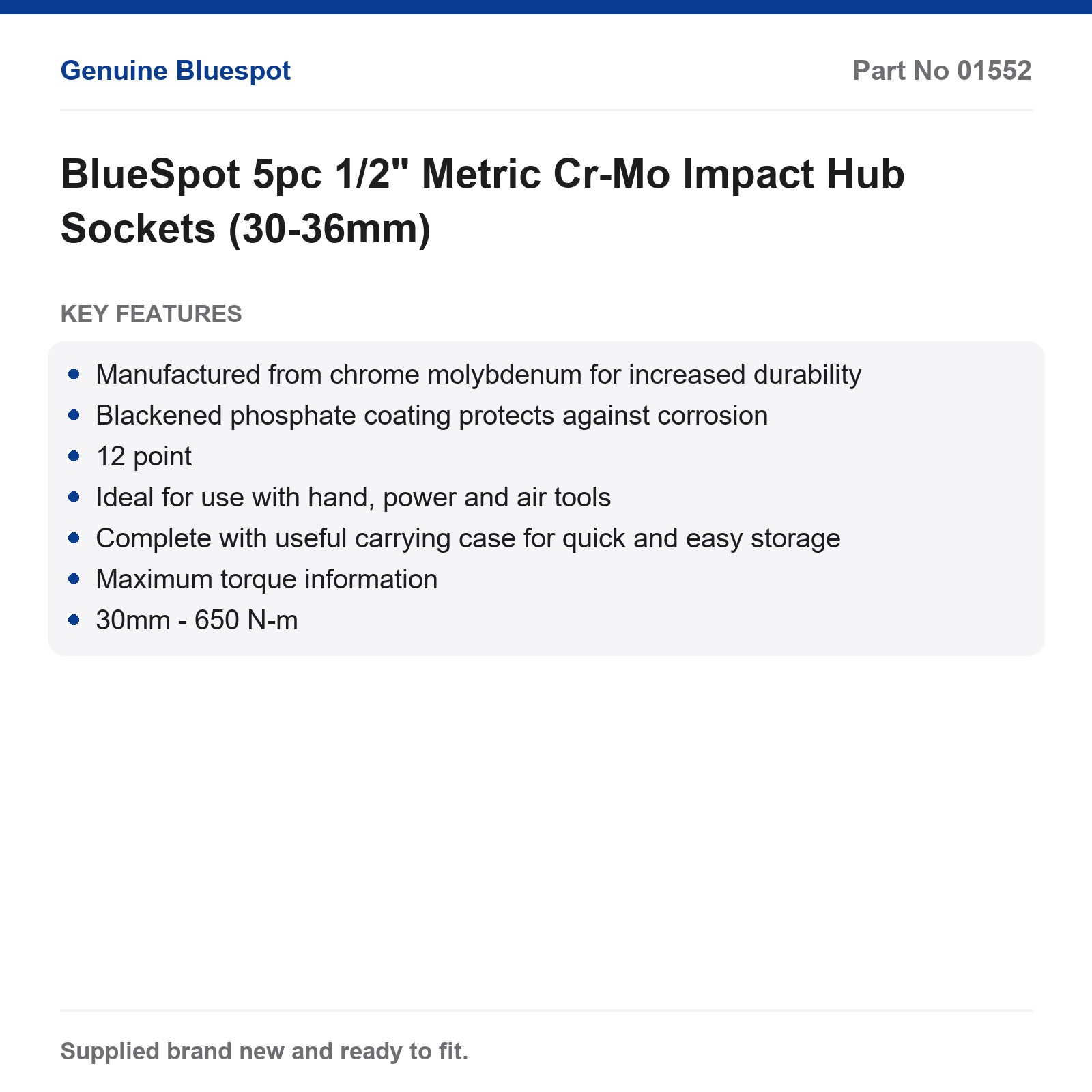 BlueSpot 5pc 1/2" Metric Cr-Mo Impact Hub Sockets (30-36mm) - Image 3
