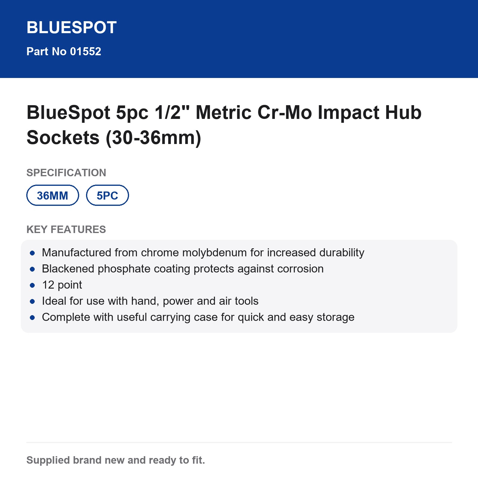 BlueSpot 5pc 1/2" Metric Cr-Mo Impact Hub Sockets (30-36mm) - Image 4