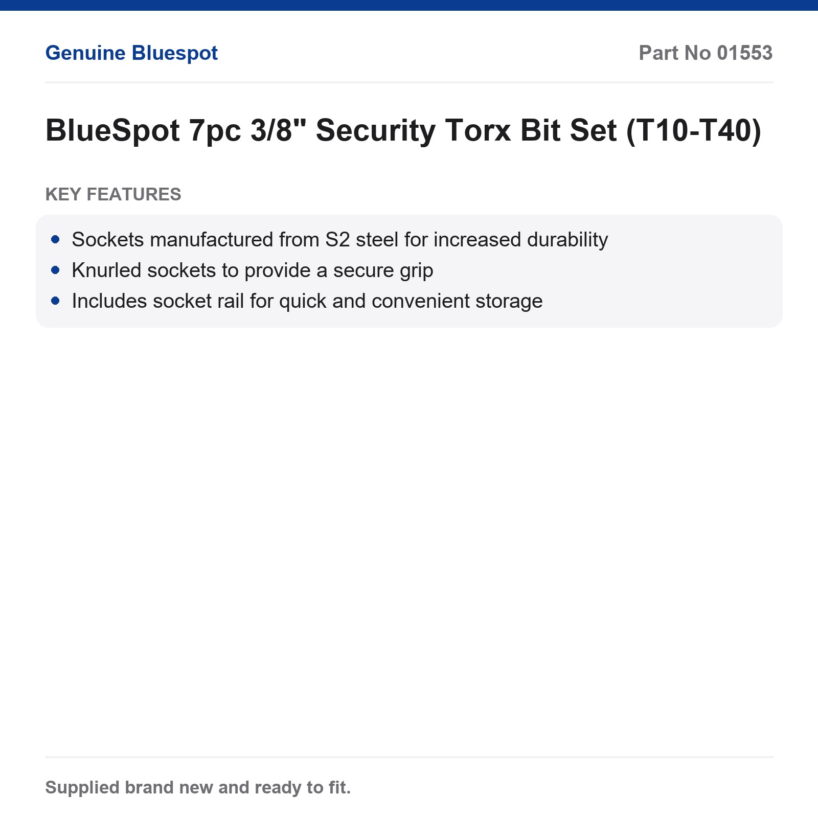 Bluespot 7pc 3/8" Security Torx Bit Set T10-T40 S2 Steel Knurled Socket Rail - Image 3