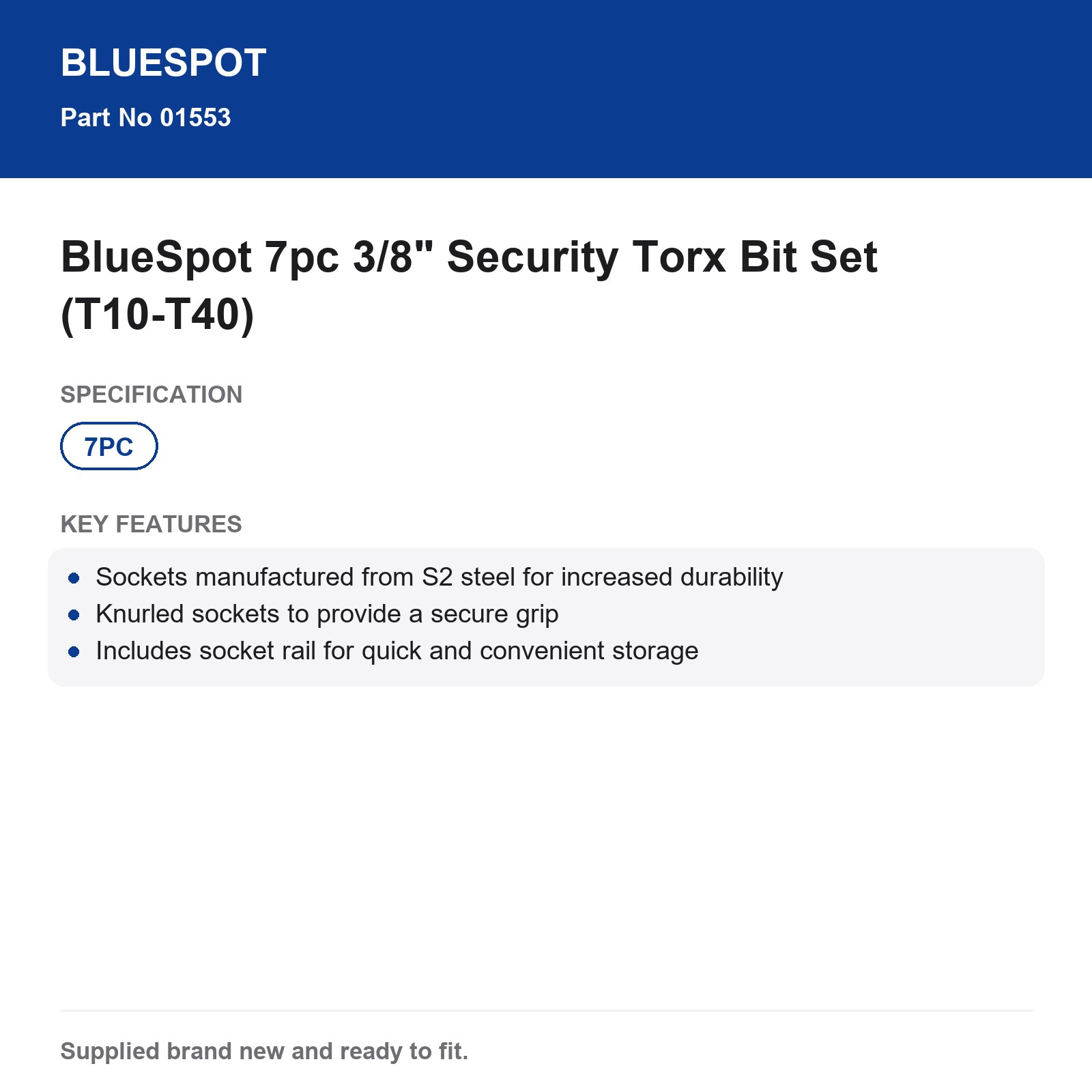 Bluespot 7pc 3/8" Security Torx Bit Set T10-T40 S2 Steel Knurled Socket Rail - Image 4