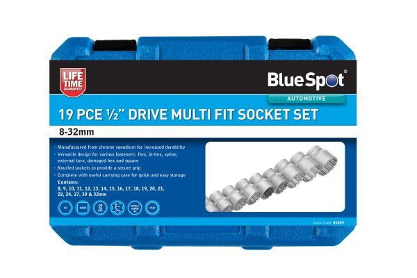 BlueSpot 19pc 1/2″ Drive Multi Fit Socket Set (8-32mm)