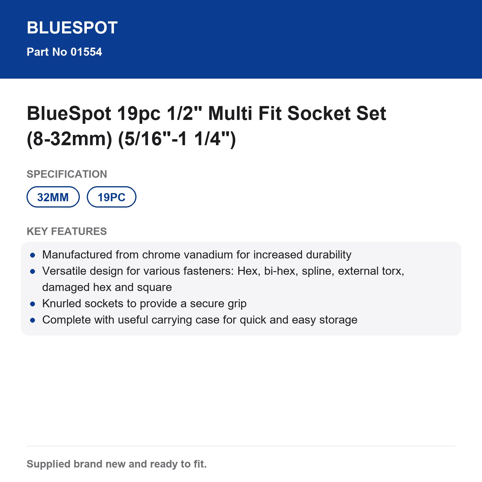 BlueSpot 19pc 1/2" Drive Multi Fit Socket Set (8-32mm) - Image 4