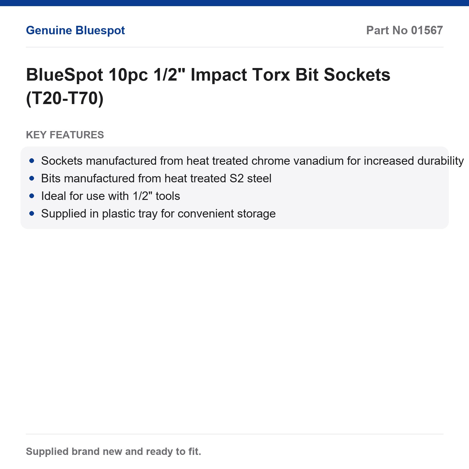 BlueSpot 10pc 1/2" Impact Torx Bit Sockets (T20-T70) - Image 4