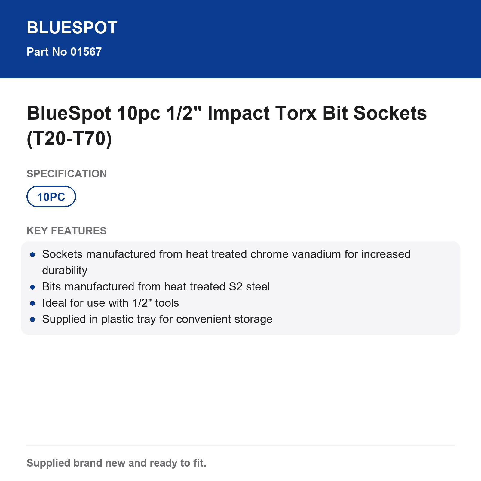 BlueSpot 10pc 1/2" Impact Torx Bit Sockets (T20-T70) - Image 5