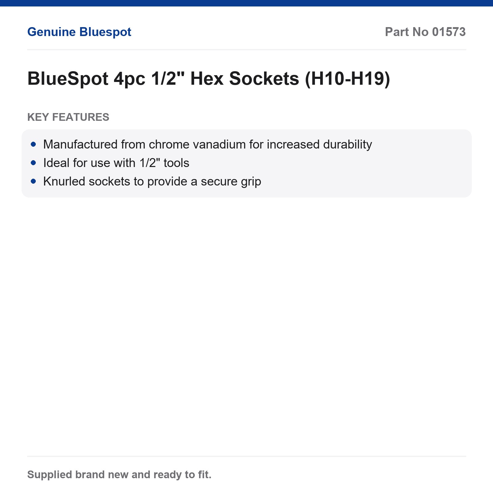 BlueSpot 4pc 1/2" Drive Hex Sockets 10-19mm Chrome Vanadium Knurled - Image 3