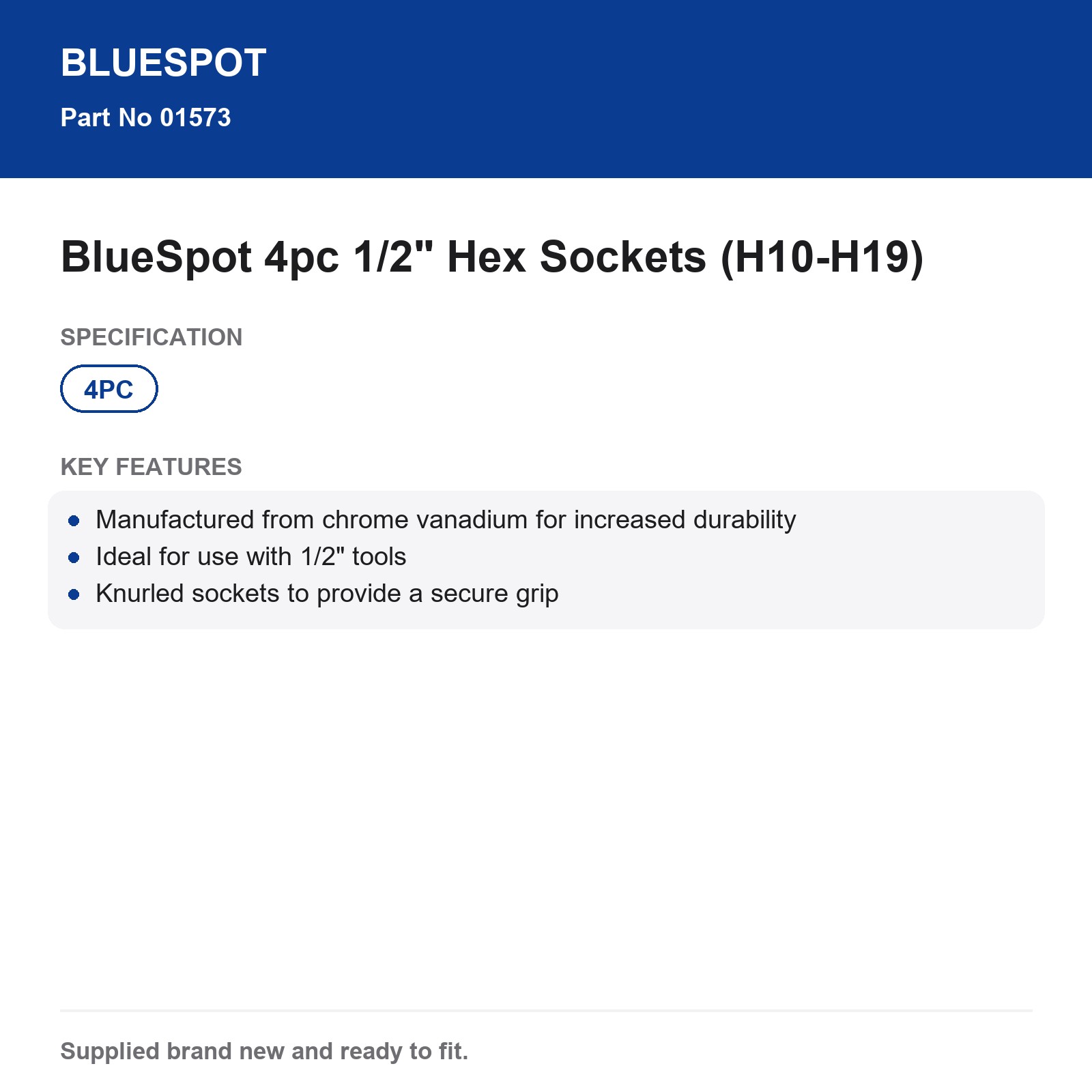 BlueSpot 4pc 1/2" Drive Hex Sockets 10-19mm Chrome Vanadium Knurled - Image 4