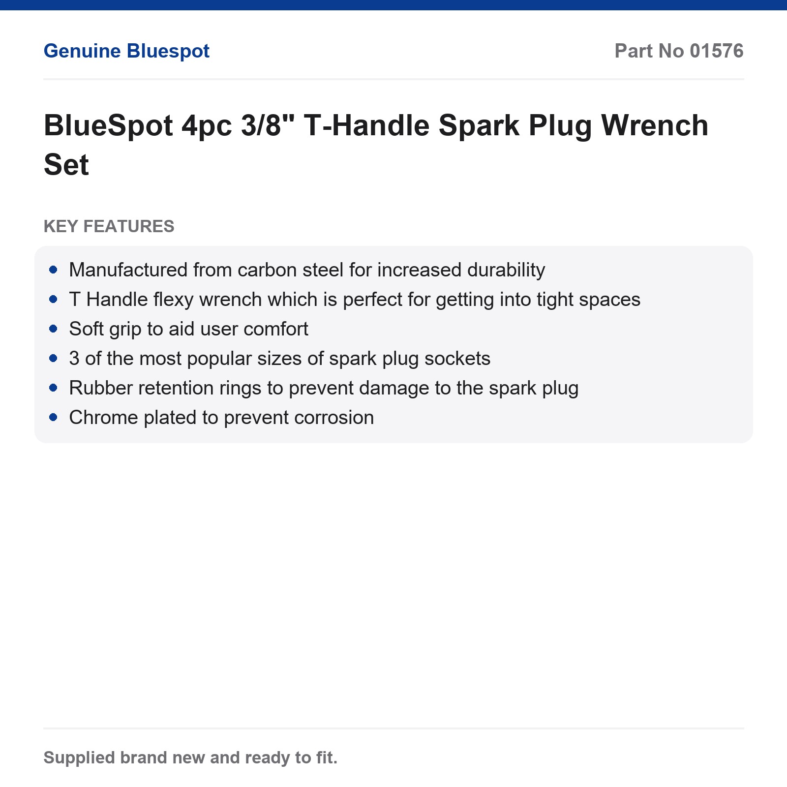 BlueSpot 4pc 3/8" T-Handle Flexy Spark Plug Wrench Set Soft Grip Chrome Plated - Image 3