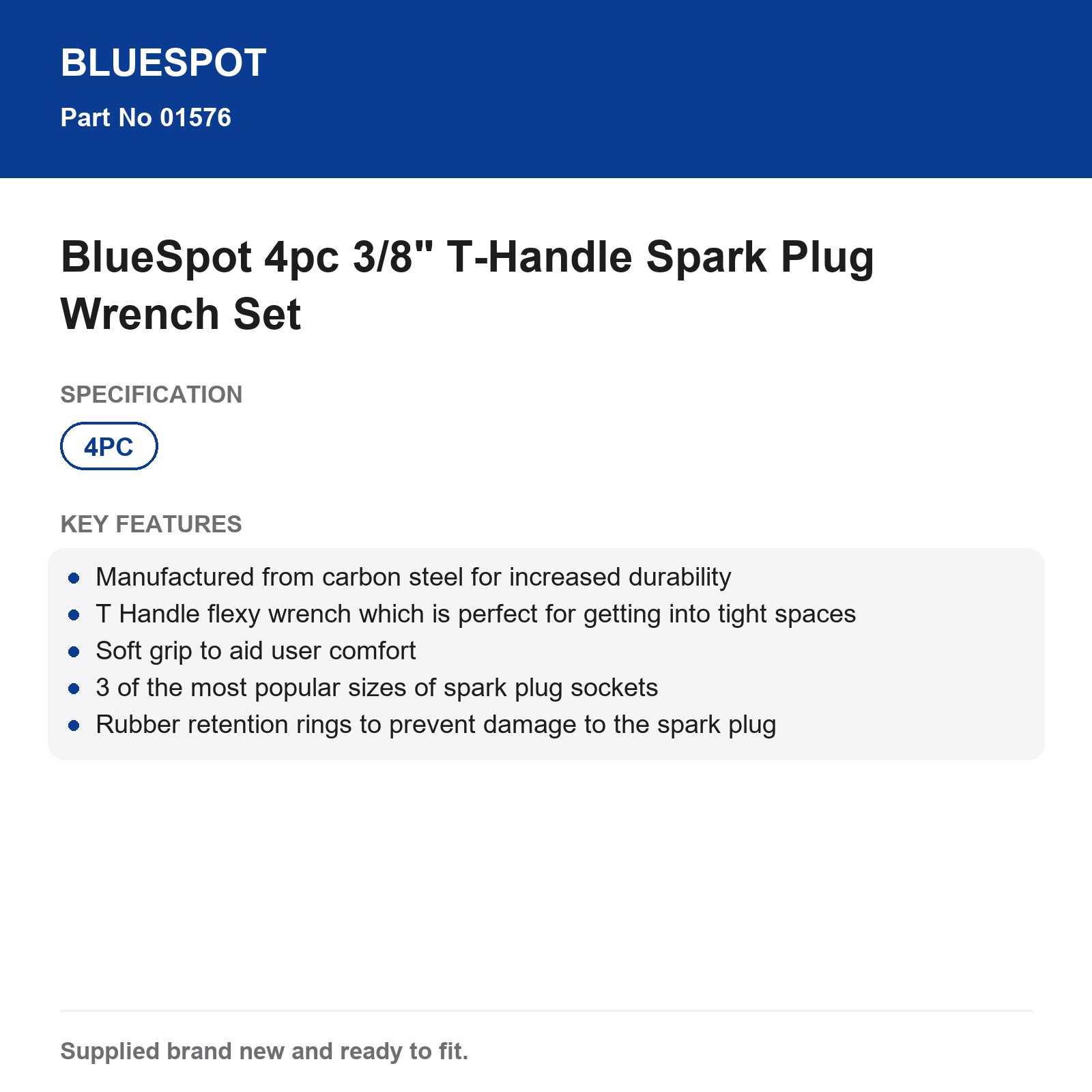 BlueSpot 4pc 3/8" T-Handle Flexy Spark Plug Wrench Set Soft Grip Chrome Plated - Image 4