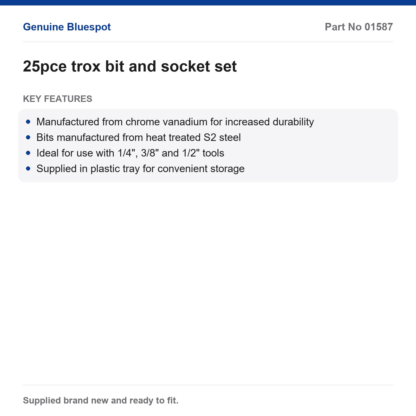Bluespot 25pc Torx Bit & E Socket Set 1/4" 3/8" 1/2" Chrome Vanadium S2 Tray - Image 4