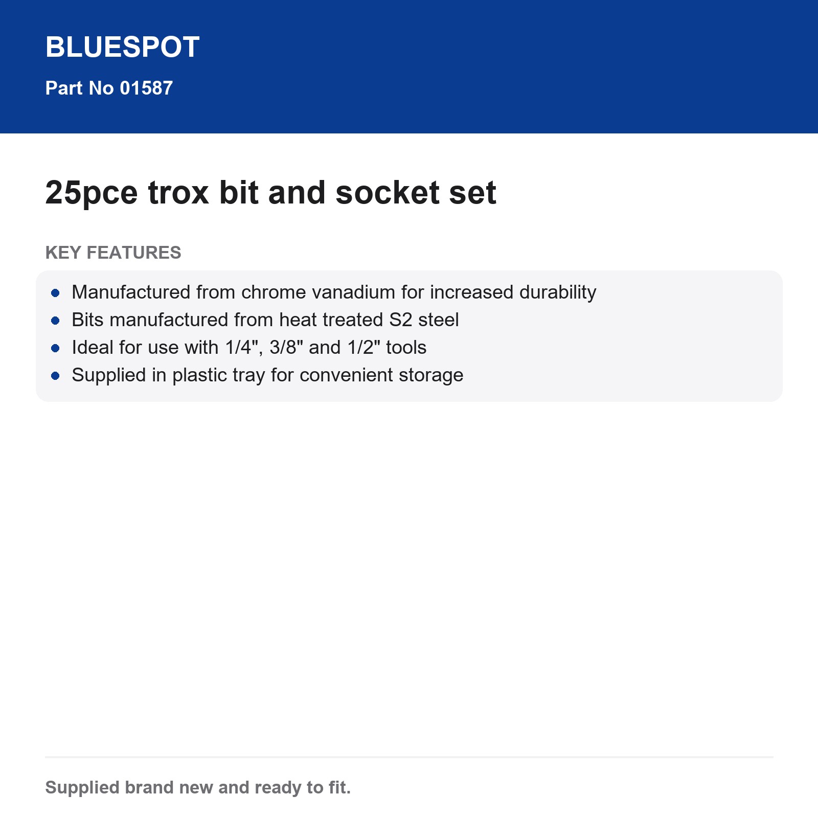 Bluespot 25pc Torx Bit & E Socket Set 1/4" 3/8" 1/2" Chrome Vanadium S2 Tray - Image 5