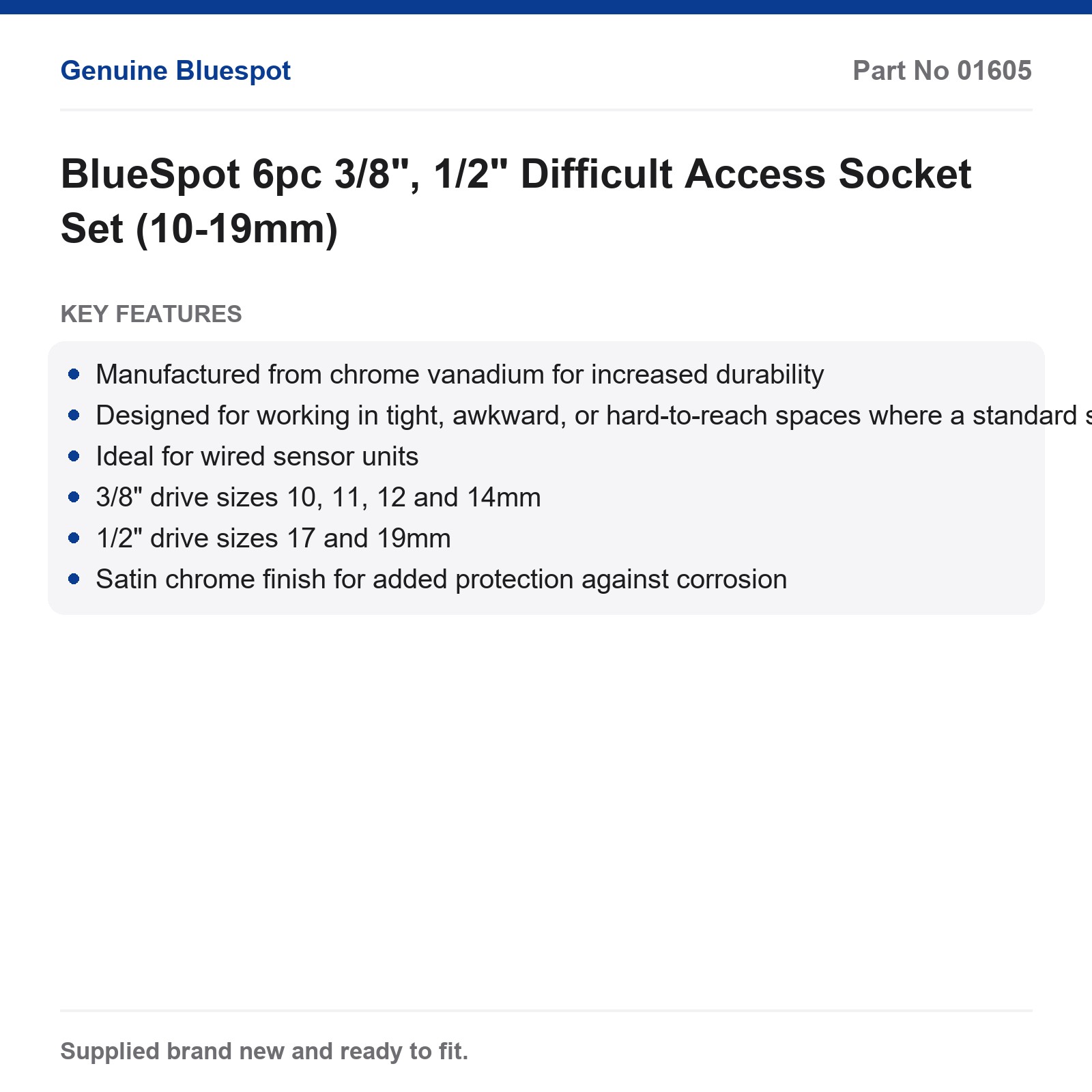 BlueSpot Difficult Access Socket Set 6pc 3/8" 1/2" 10-19mm - Image 2