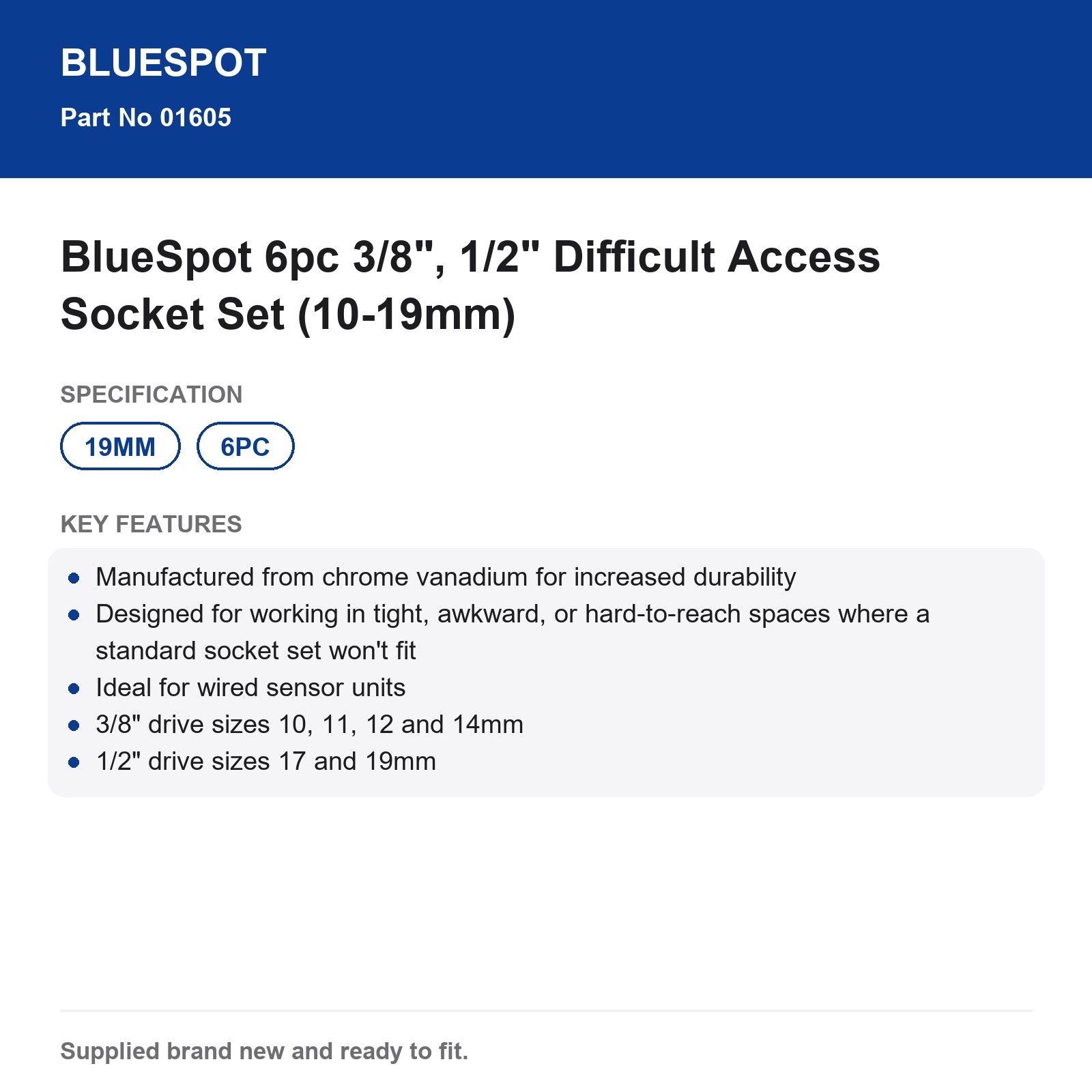 BlueSpot Difficult Access Socket Set 6pc 3/8" 1/2" 10-19mm - Image 3