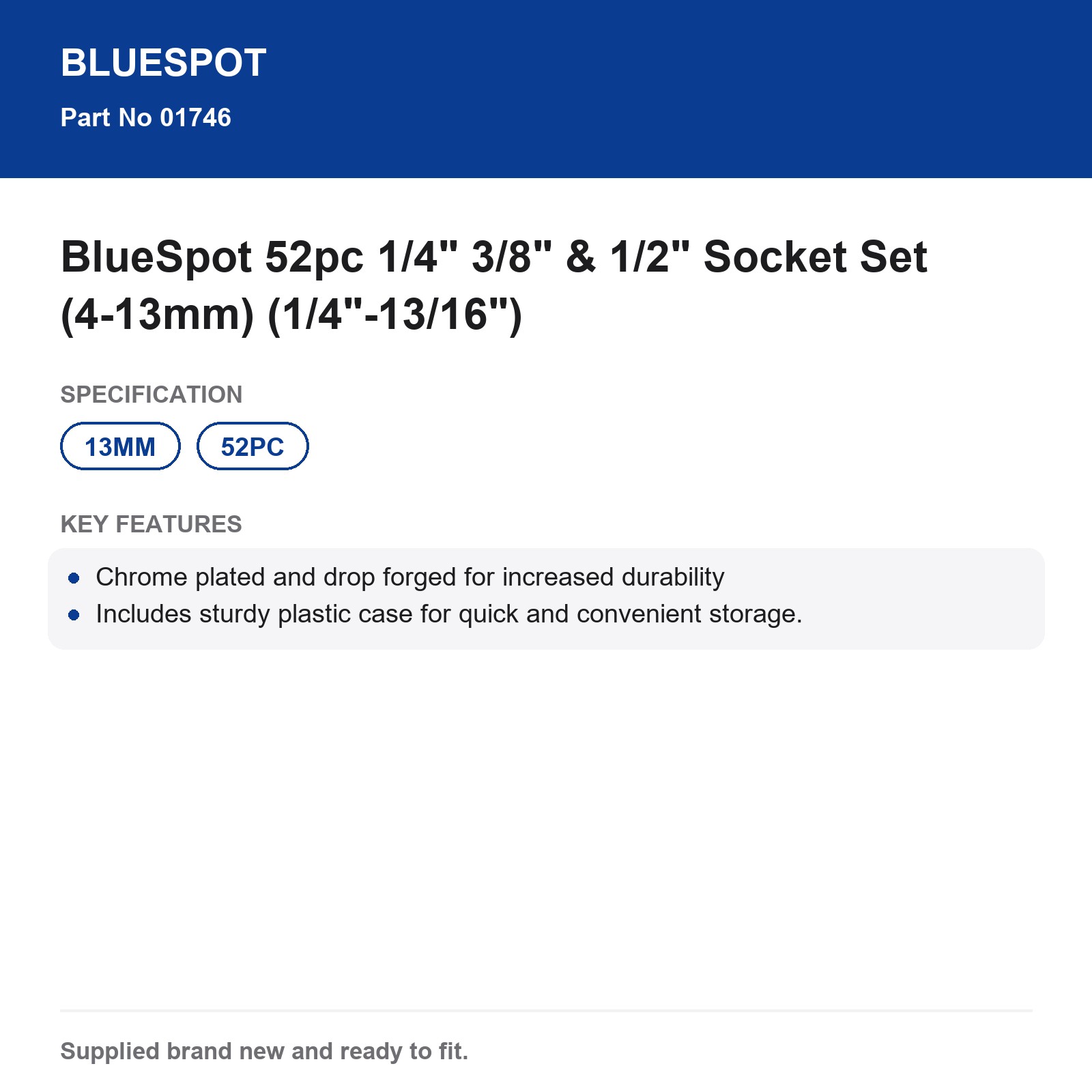 BlueSpot 52pc Socket Set 1/4" 3/8" 1/2" Dr 4-13mm 1/4-13/16" - Image 4