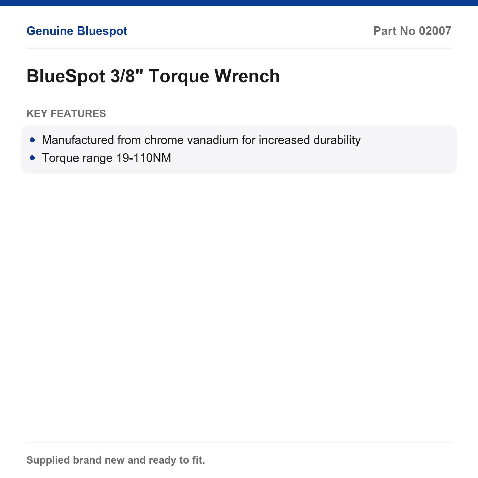 BlueSpot 3/8" Torque Wrench 19-110NM Chrome Vanadium Case - Image 3