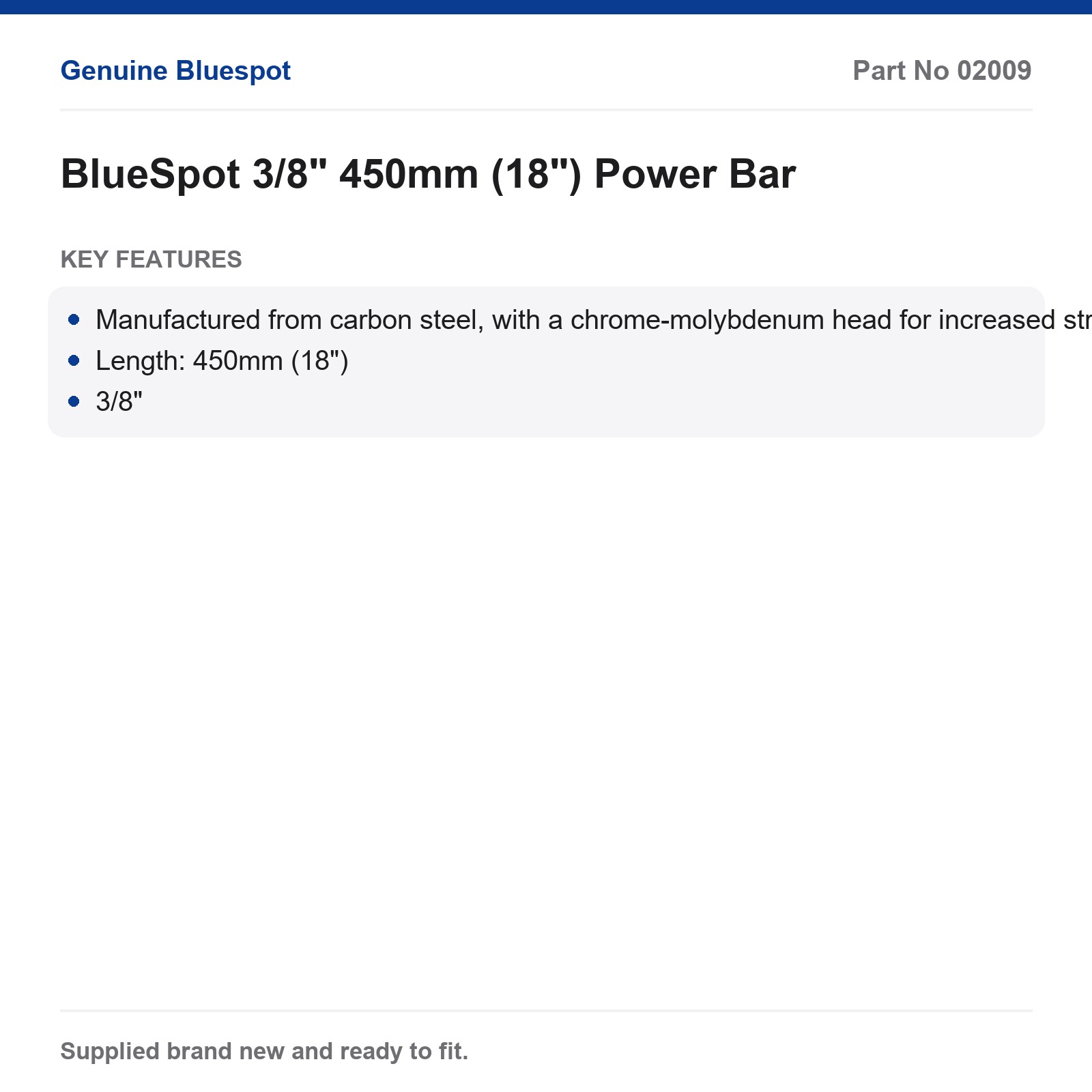 BlueSpot 3/8" Power Bar 18" 450mm Carbon Steel Chrome-Moly Head - Image 3