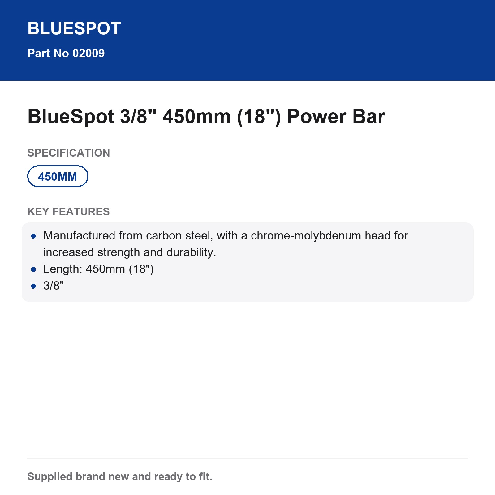 BlueSpot 3/8" Power Bar 18" 450mm Carbon Steel Chrome-Moly Head - Image 4