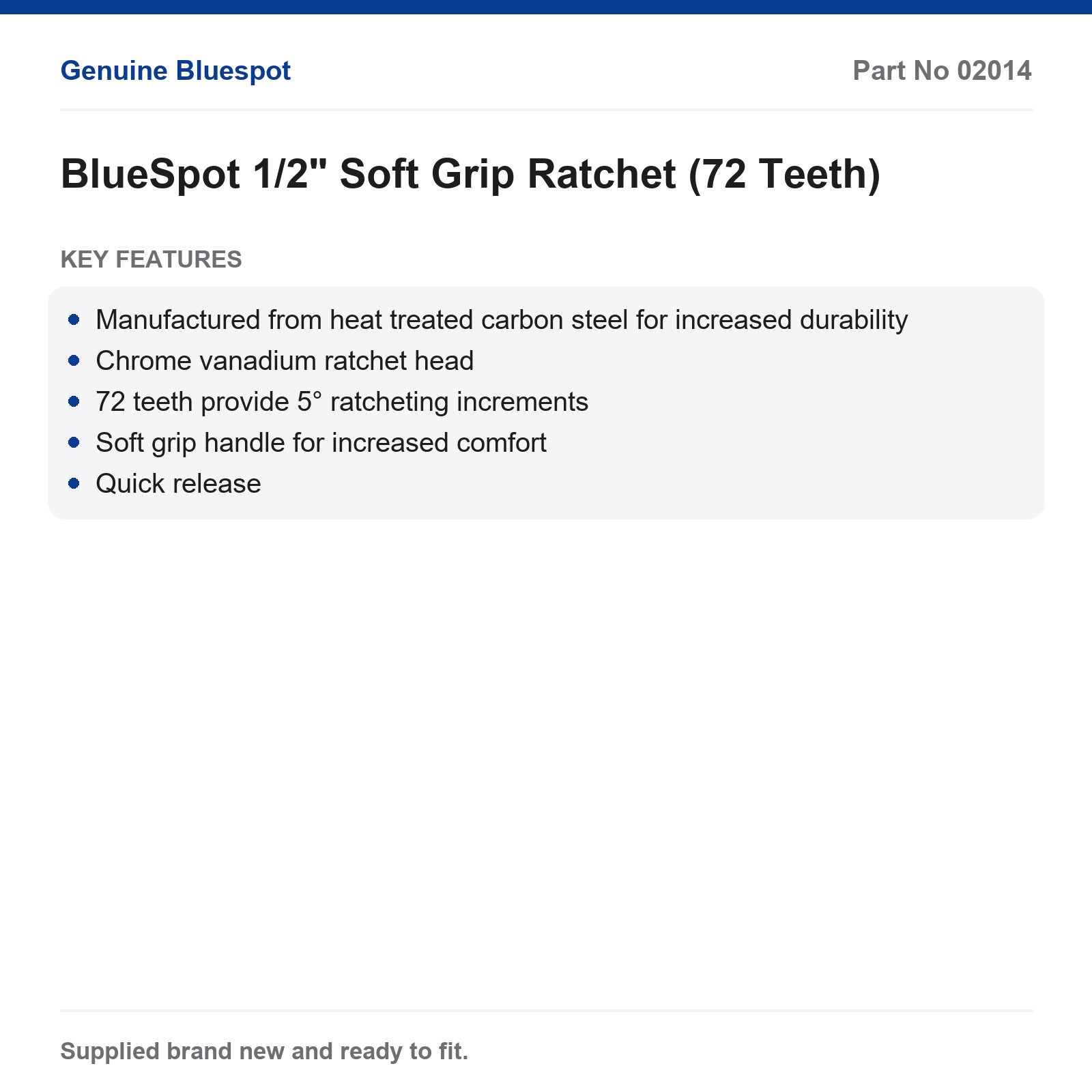 BlueSpot 1/2" Ratchet 72T Quick Release Soft Grip Chrome Vanadium - Image 3